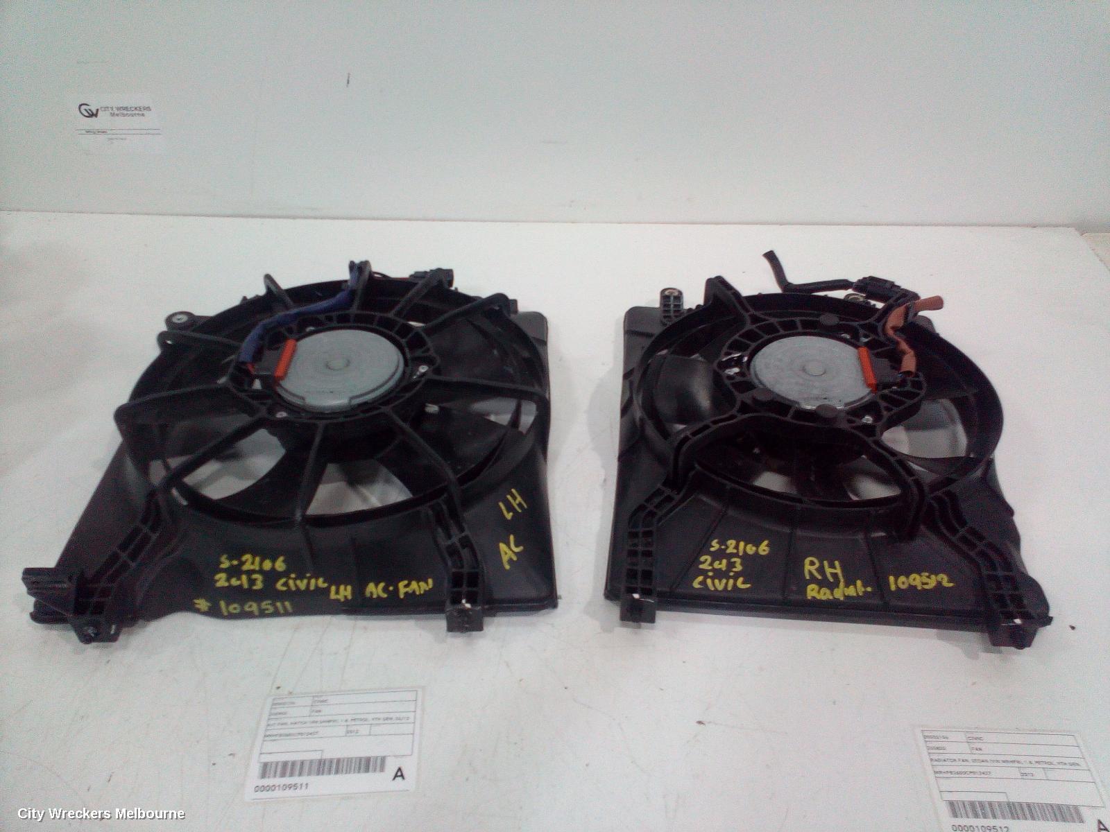 HONDA CIVIC FAN, A/C FAN, HATCH (VIN SHHFK), 1.8, PETROL, 9TH GEN, 06/2012 - 04/2016
