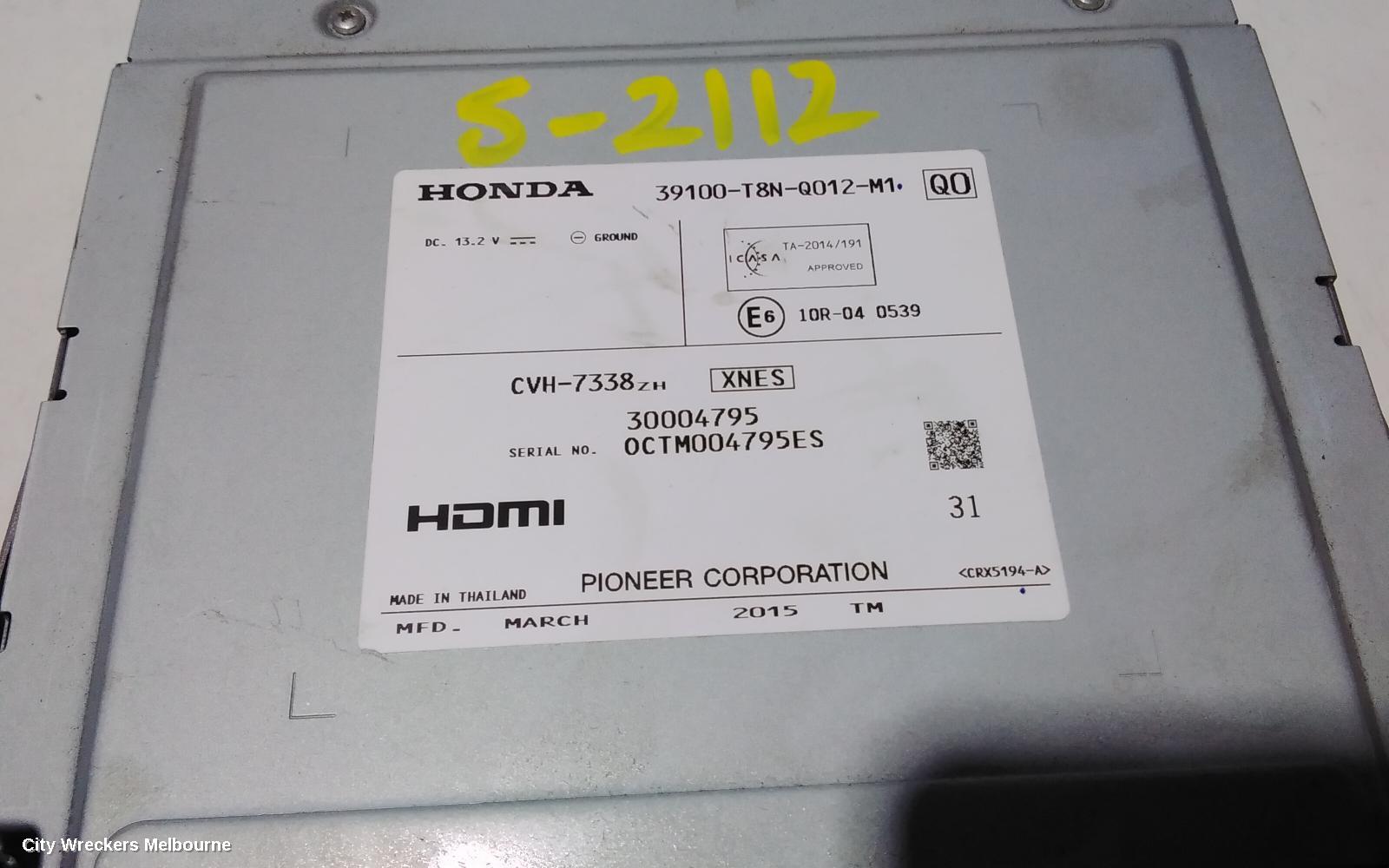 HONDA HRV RADIO/CD/DVD/SAT/TV, 7IN TOUCHSCREEN, NON SAT NAV TYPE, RU5, 12/2014 - 04/2017