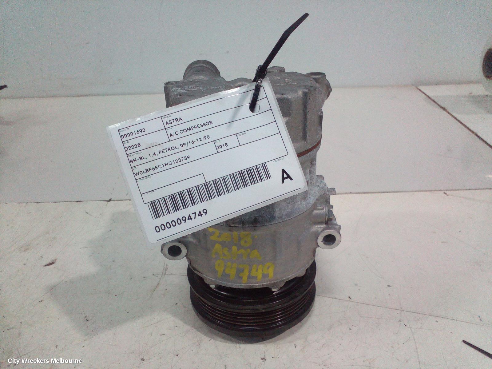 HOLDEN ASTRA A/C COMPRESSOR, BK-BL, 1.4, PETROL, 09/2016 - 12/2020