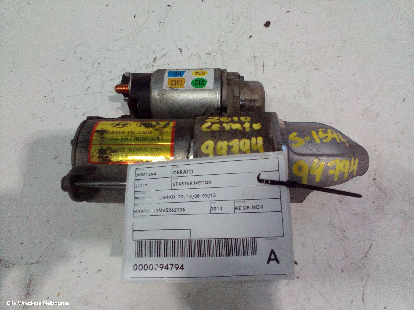 KIA CERATO STARTER, PETROL, 2.0, G4KD, TD, 10/2008 - 03/2013