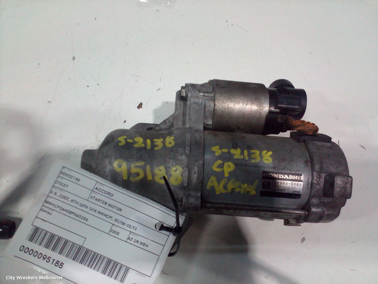HONDA ACCORD STARTER, 3.5, J35Z, 8TH GEN (VIN MRHCP), 02/2008 - 05/2013