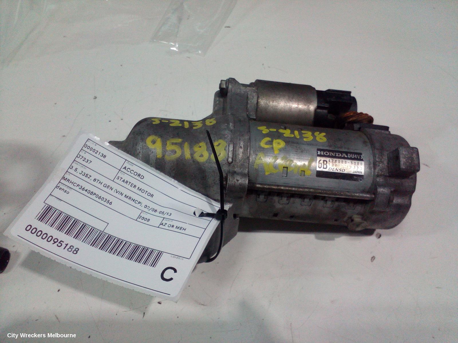 HONDA ACCORD STARTER, 3.5, J35Z, 8TH GEN (VIN MRHCP), 02/2008 - 05/2013