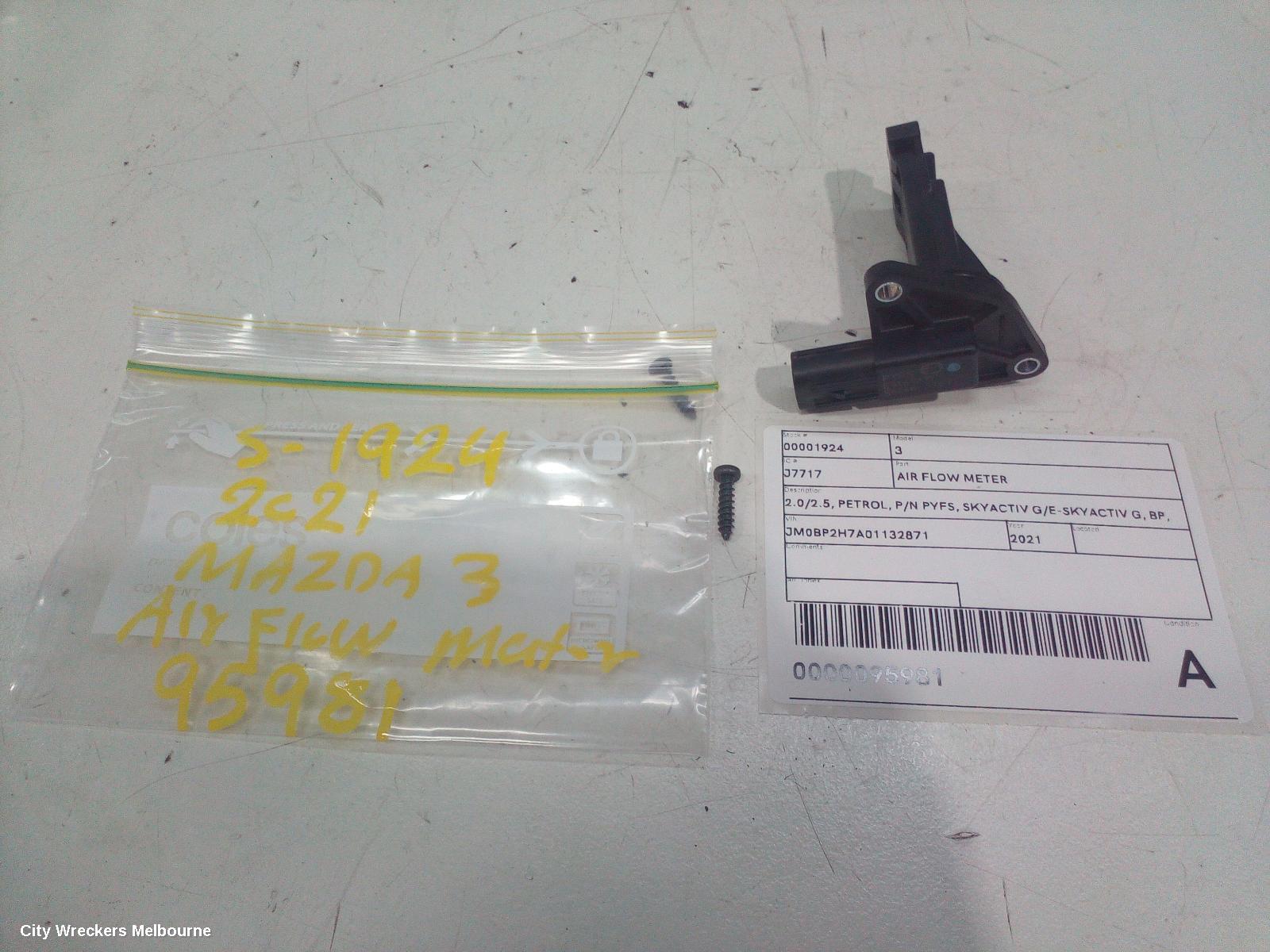 MAZDA 3 AIR FLOW METER, 2.0/2.5, PETROL, P/N PYFS, SKYACTIV G/E-SKYACTIV G, BP, 03/2019 ONWARDS