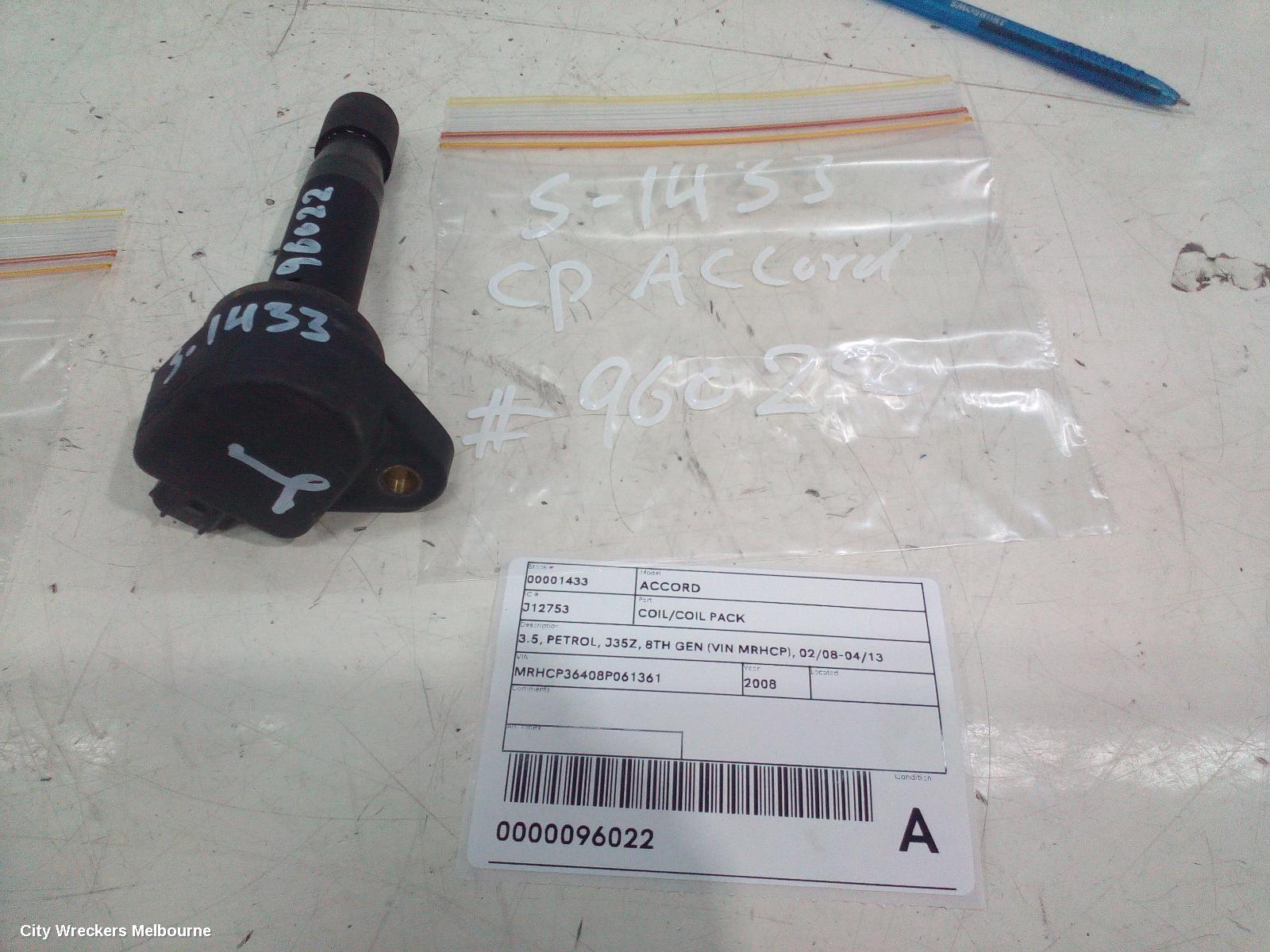 HONDA ACCORD COIL/COIL PACK, 3.5, PETROL, J35Z, 8TH GEN (VIN MRHCP), 02/2008 - 04/2013