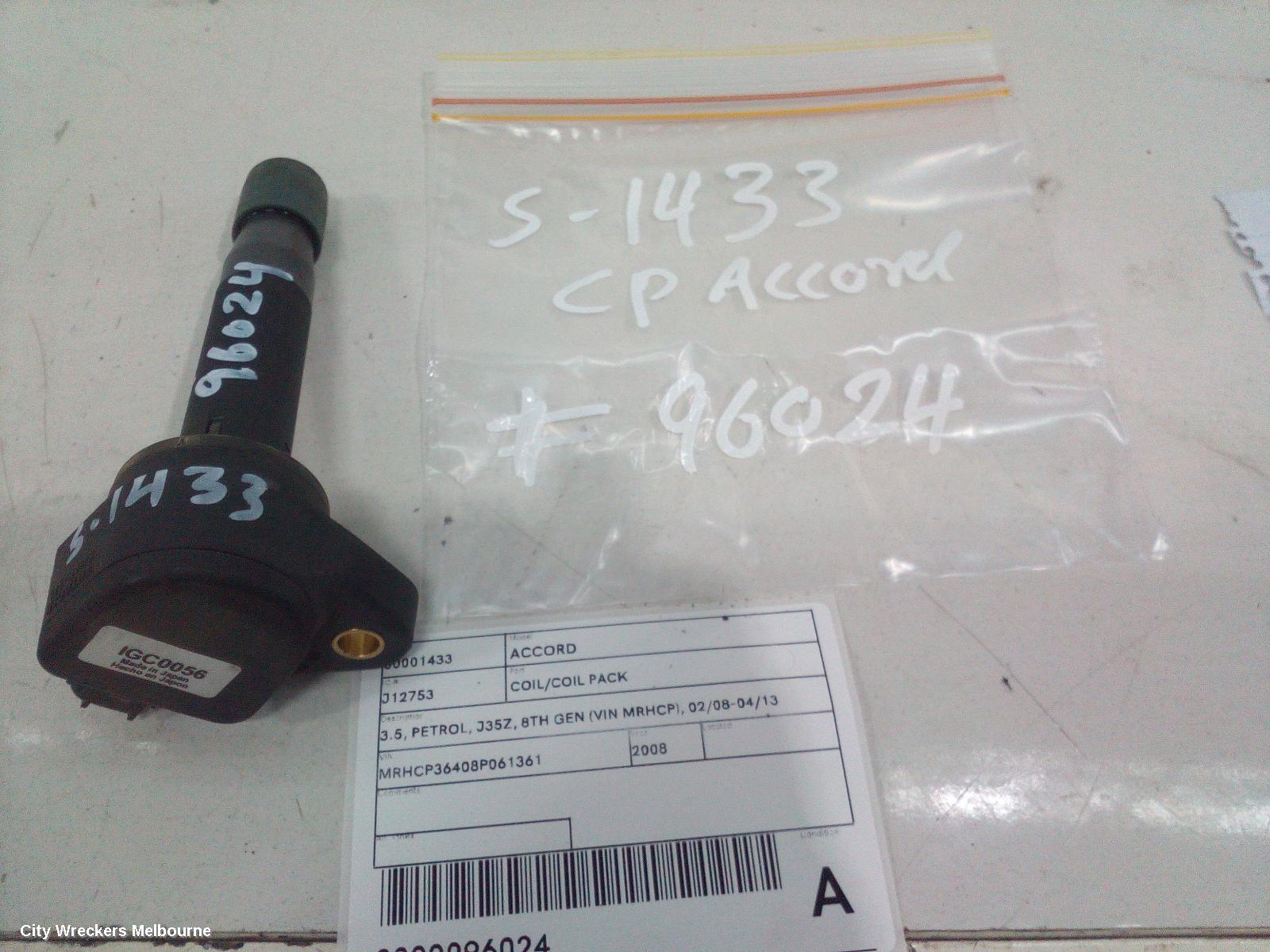 HONDA ACCORD COIL/COIL PACK, 3.5, PETROL, J35Z, 8TH GEN (VIN MRHCP), 02/2008 - 04/2013