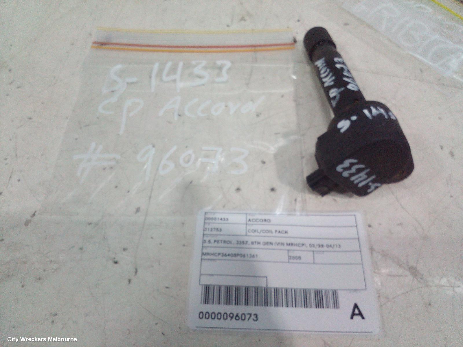 HONDA ACCORD COIL/COIL PACK, 3.5, PETROL, J35Z, 8TH GEN (VIN MRHCP), 02/2008 - 04/2013