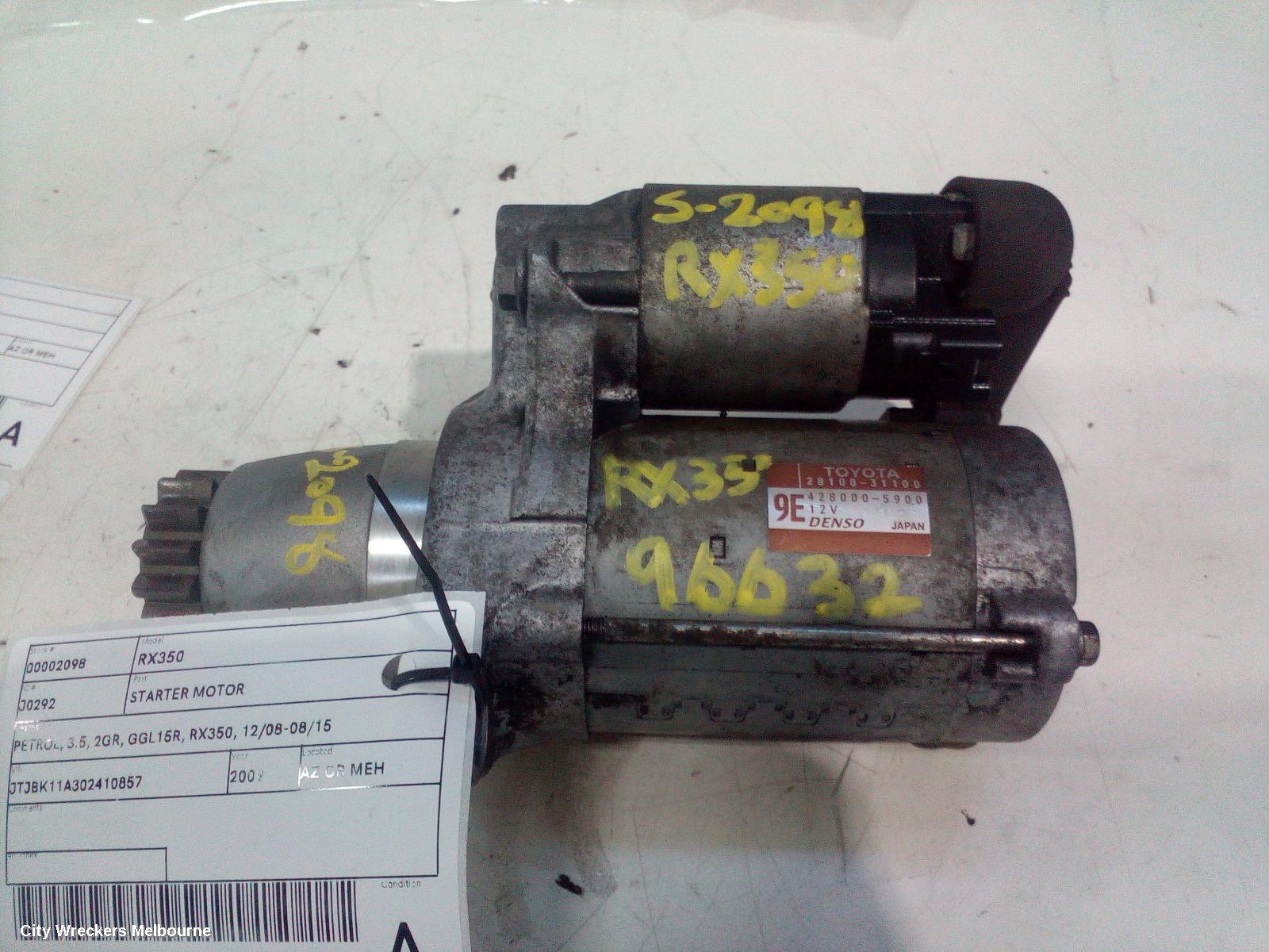 LEXUS RX SERIES STARTER, PETROL, 3.5, 2GR, GGL15R, RX350, 12/2008 - 08/2015