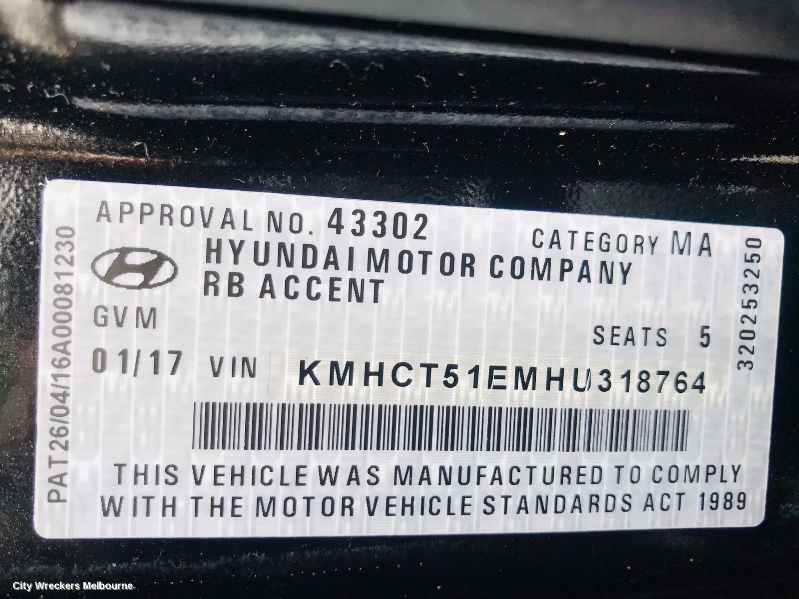 HYUNDAI ACCENT RIGHT REAR DOOR, RB, HATCH, 05/2011 - 12/2019