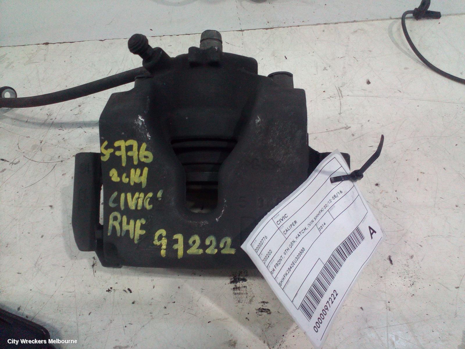 HONDA CIVIC CALIPER, RH FRONT, 9TH GEN, HATCH, (VIN SHHFK) 02/2012 - 05/2016