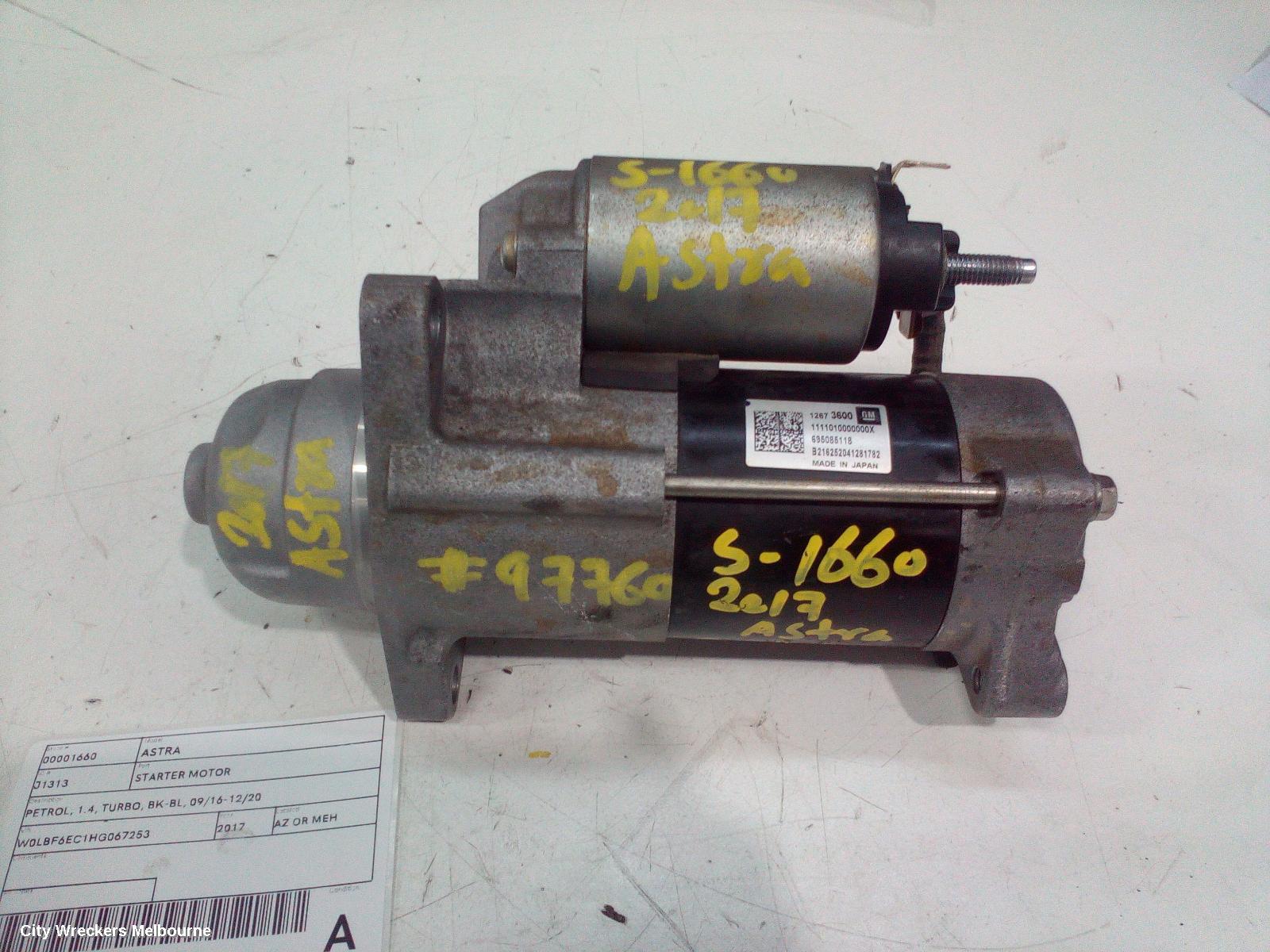 HOLDEN ASTRA STARTER, PETROL, 1.4, TURBO, BK-BL, 09/2016 - 12/2020