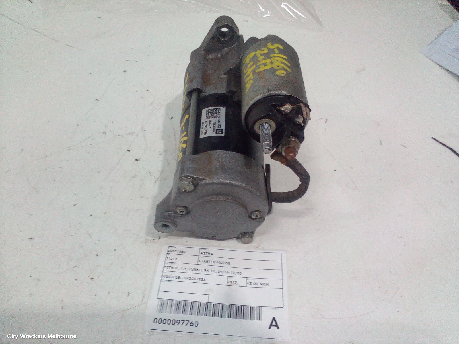 HOLDEN ASTRA STARTER, PETROL, 1.4, TURBO, BK-BL, 09/2016 - 12/2020