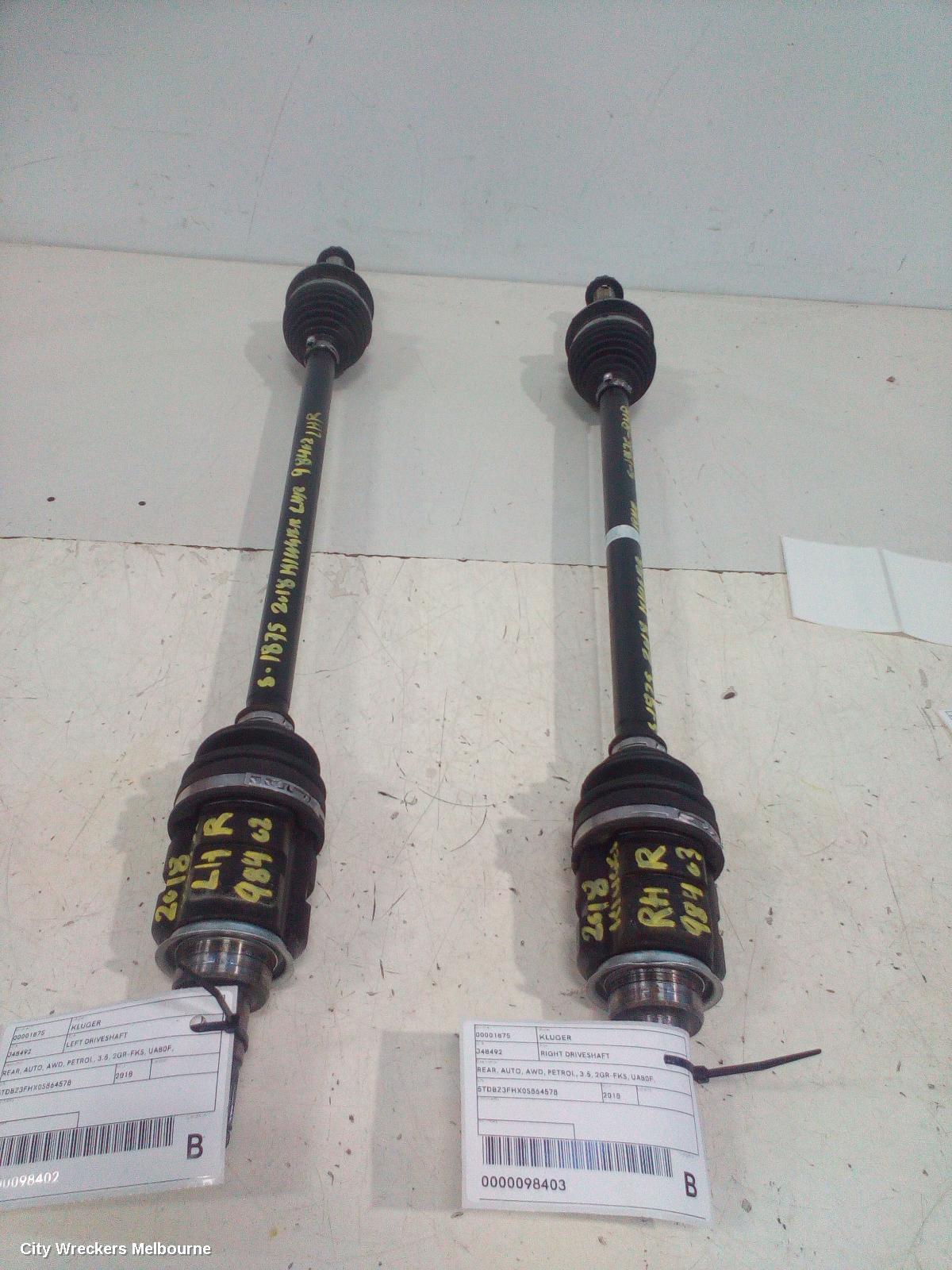TOYOTA KLUGER LEFT DRIVESHAFT, REAR, AUTO, AWD, PETROL, 3.5, 2GR-FKS, UA80F, GSU50/GSU55, 11/2016 - 02/2021