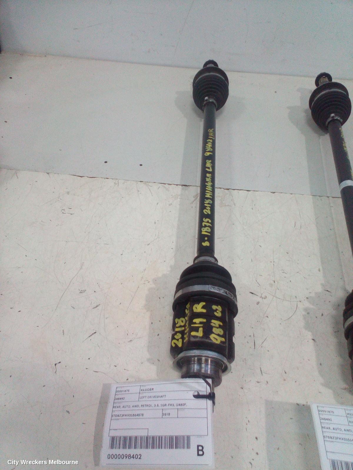 TOYOTA KLUGER LEFT DRIVESHAFT, REAR, AUTO, AWD, PETROL, 3.5, 2GR-FKS, UA80F, GSU50/GSU55, 11/2016 - 02/2021