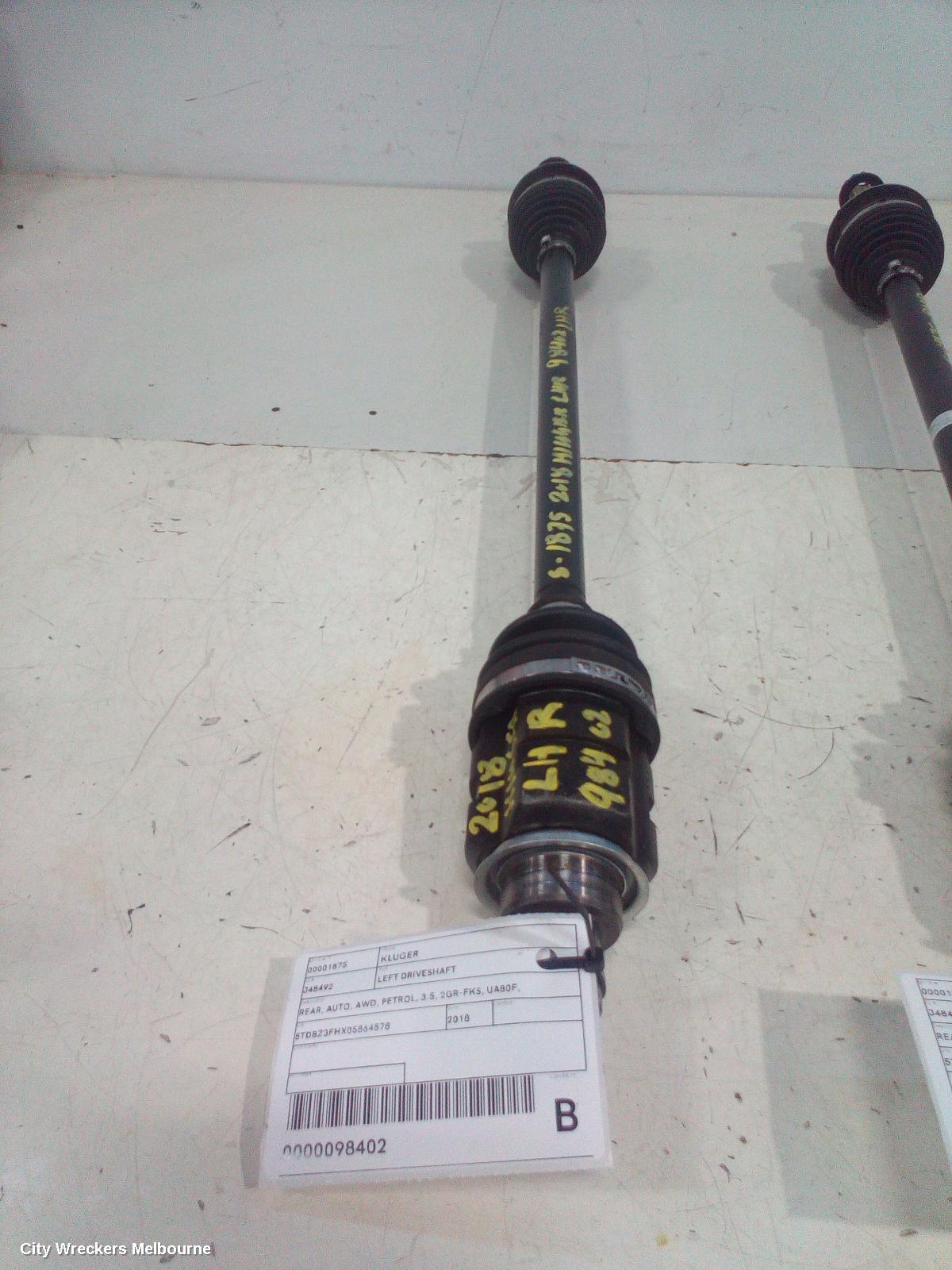TOYOTA KLUGER LEFT DRIVESHAFT, REAR, AUTO, AWD, PETROL, 3.5, 2GR-FKS, UA80F, GSU50/GSU55, 11/2016 - 02/2021
