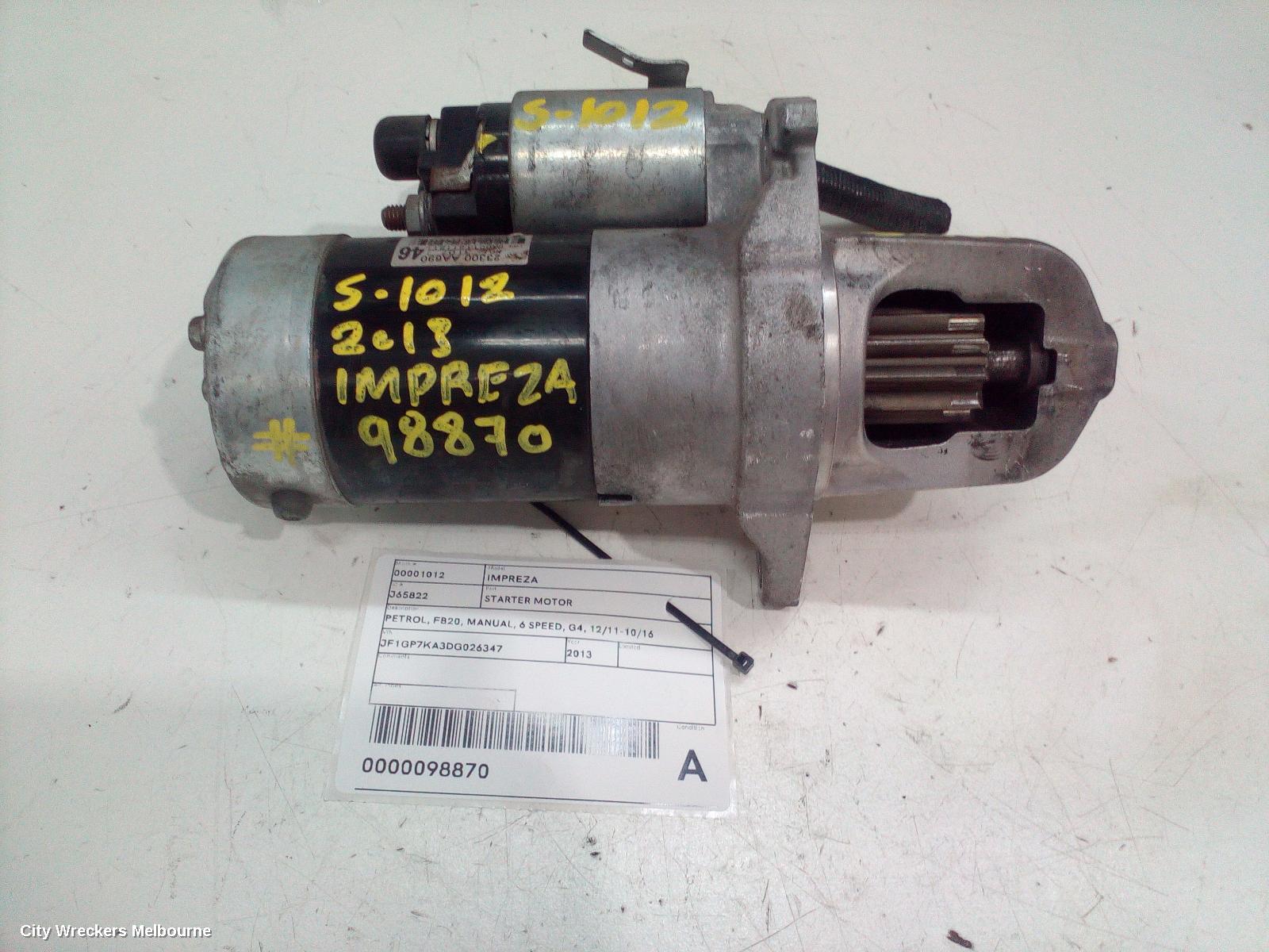 SUBARU IMPREZA STARTER, PETROL, FB20, MANUAL, 6 SPEED, G4, 12/2011 - 10/2016