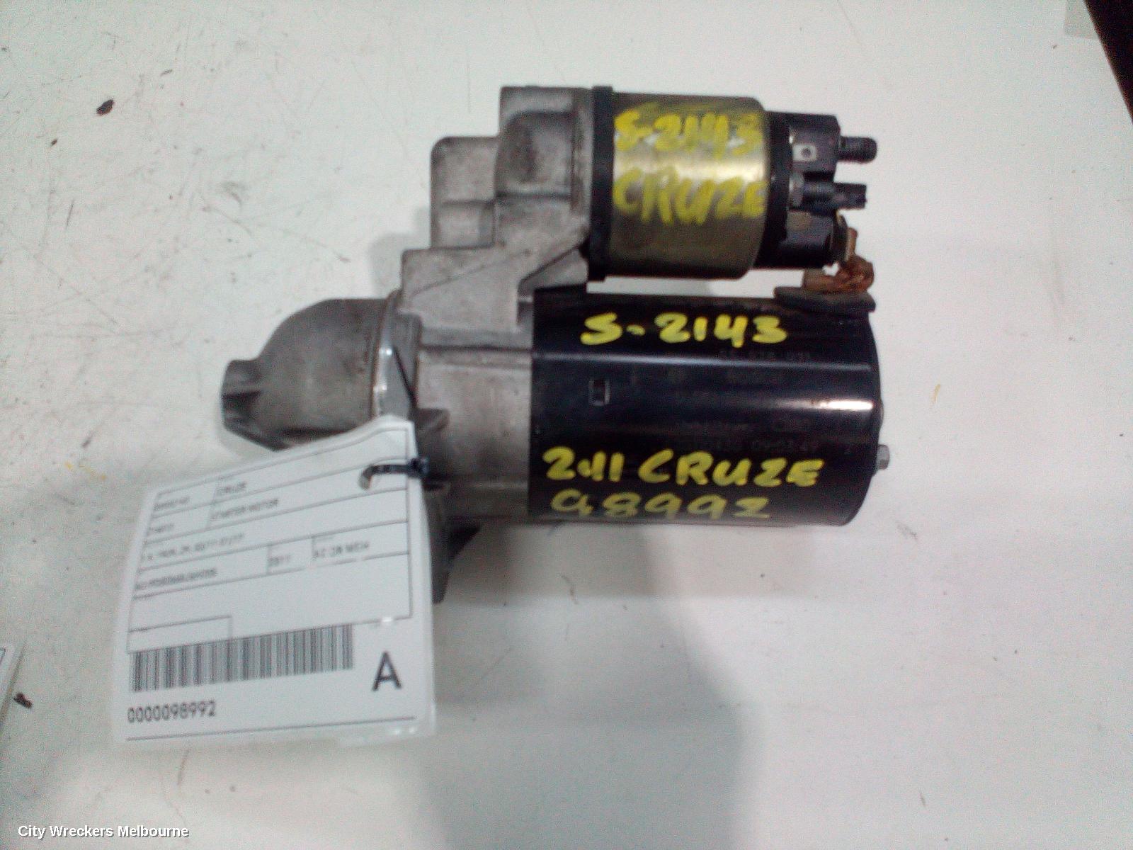 HOLDEN CRUZE STARTER, 1.4, 19UN, JH, 03/2011 - 01/2017