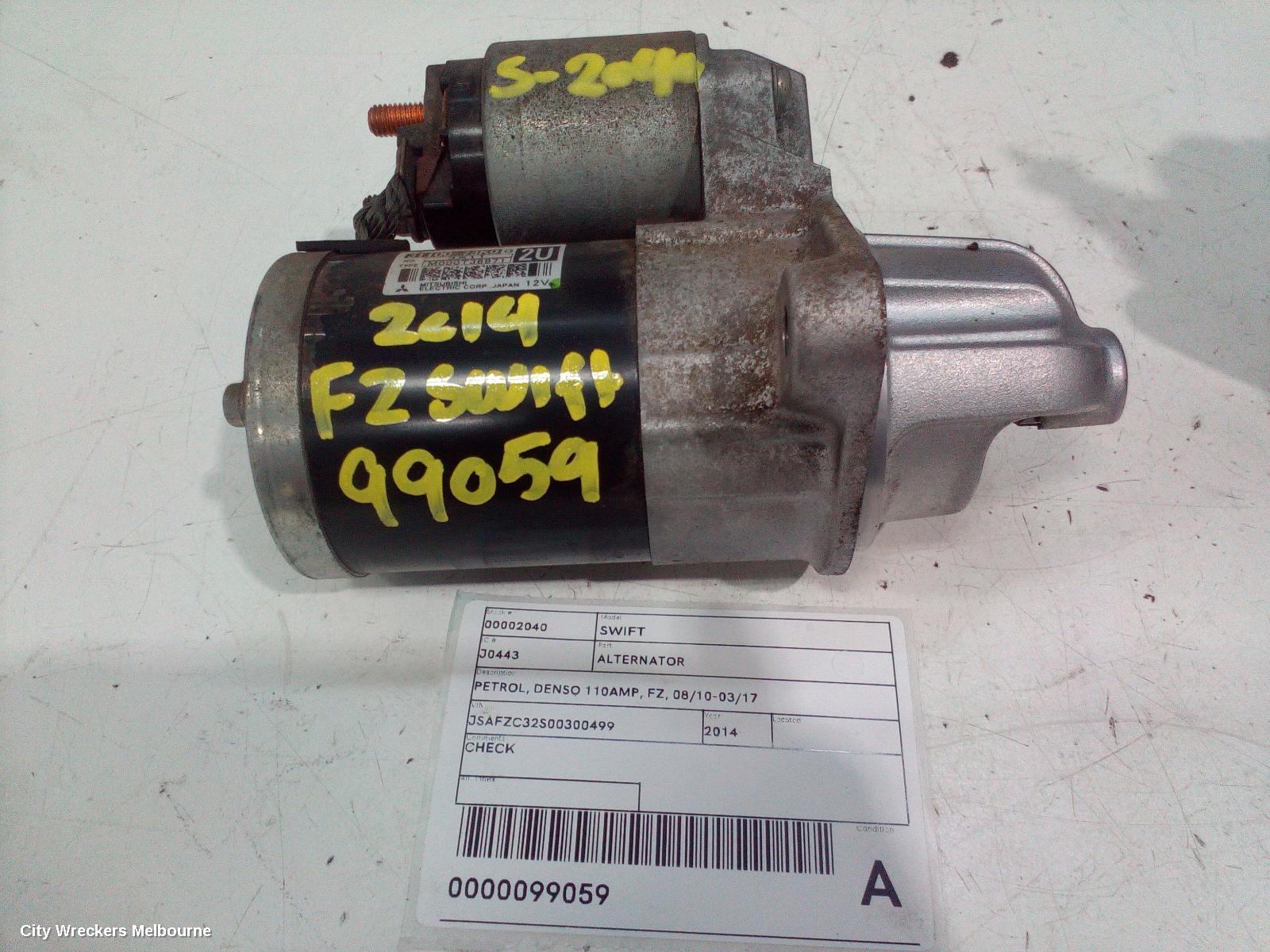 SUZUKI SWIFT ALTERNATOR, PETROL, DENSO 110AMP, FZ, 08/2010 - 03/2017