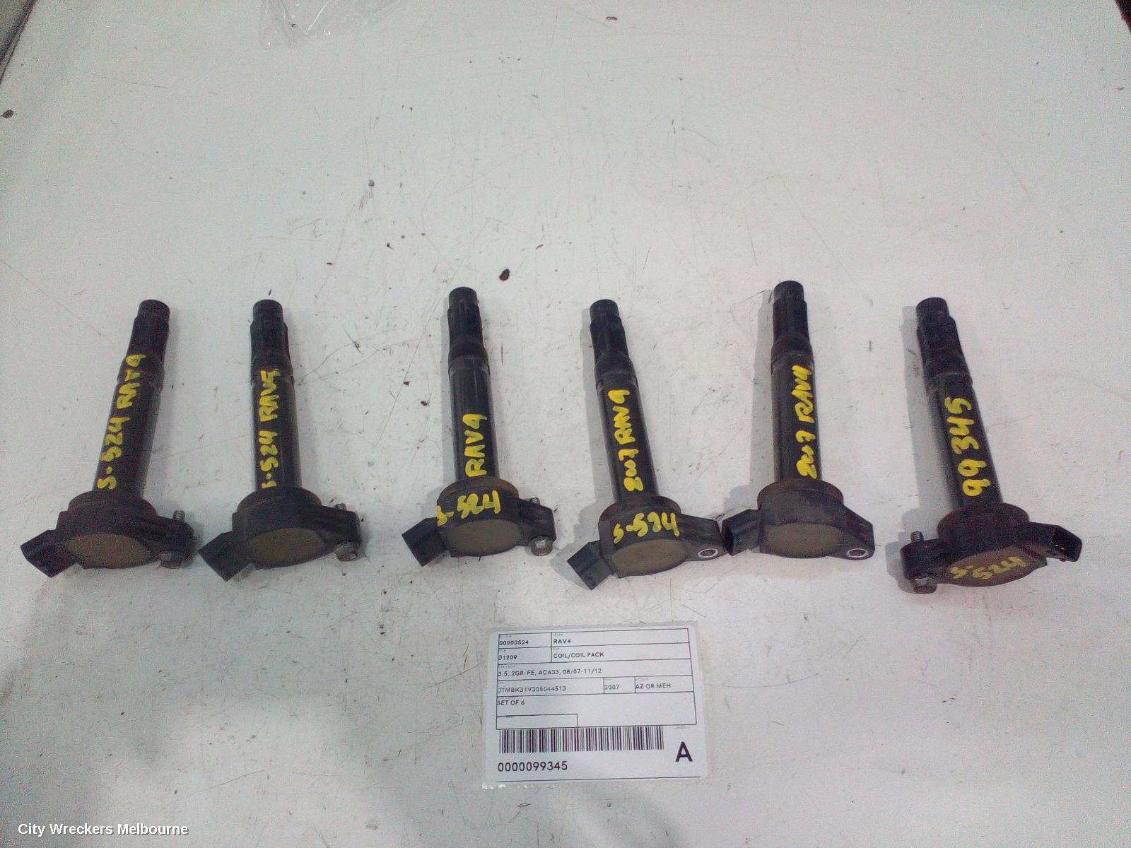TOYOTA RAV4 COIL/COIL PACK, 3.5, 2GR-FE, ACA33, 08/2007 - 11/2012