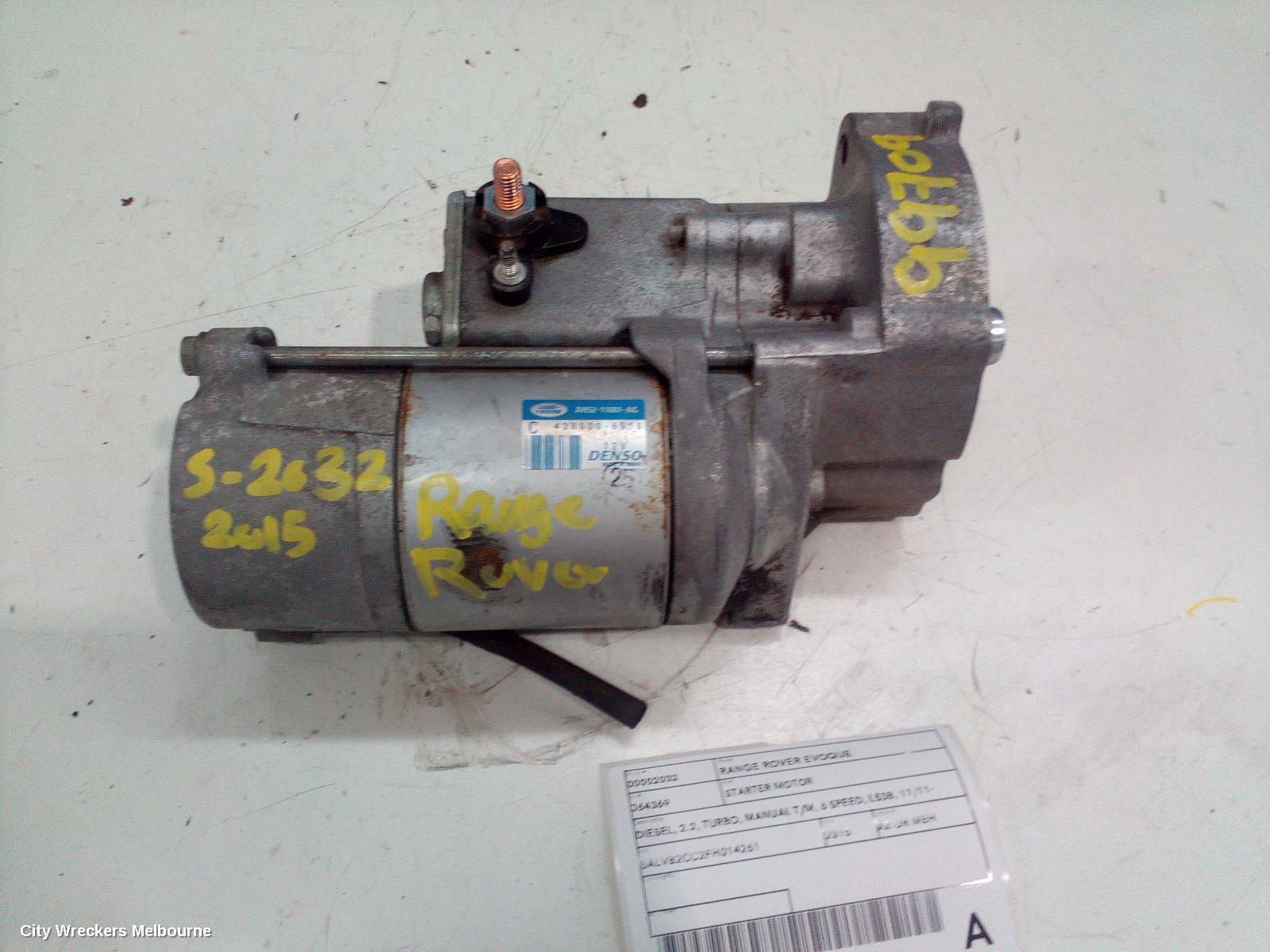 LAND ROVER RANGEROVER EVOQUE STARTER, DIESEL, 2.2, TURBO, MANUAL T/M, 6 SPEED, L538, 11/2011 - 08/2015