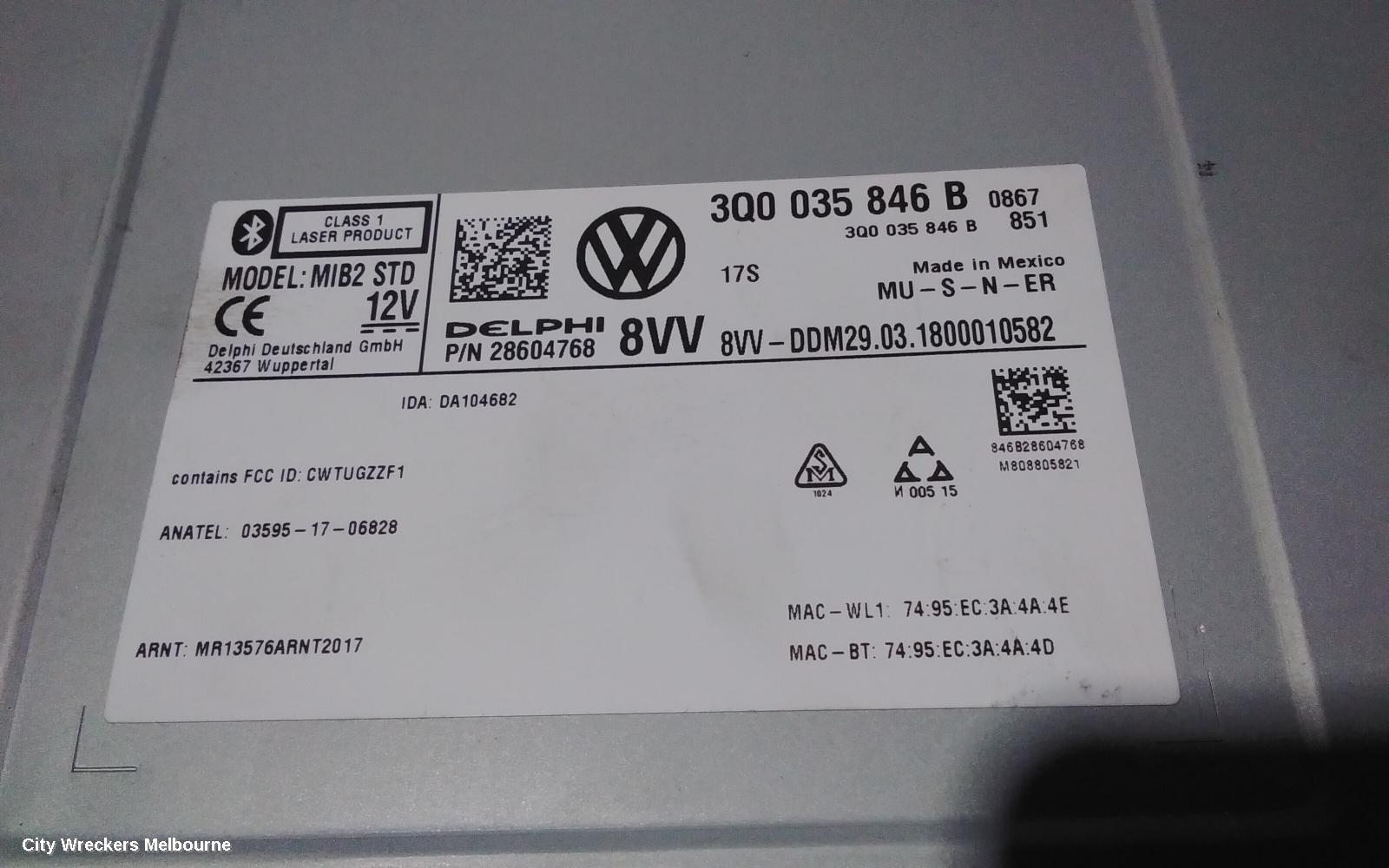 VOLKSWAGEN TIGUAN RADIO/CD/DVD/SAT/TV, DISPLAY UNIT, DISCOVER MEDIA 8IN, SAT NAV TYPE, 5NA, 06/2016 - 05/2021