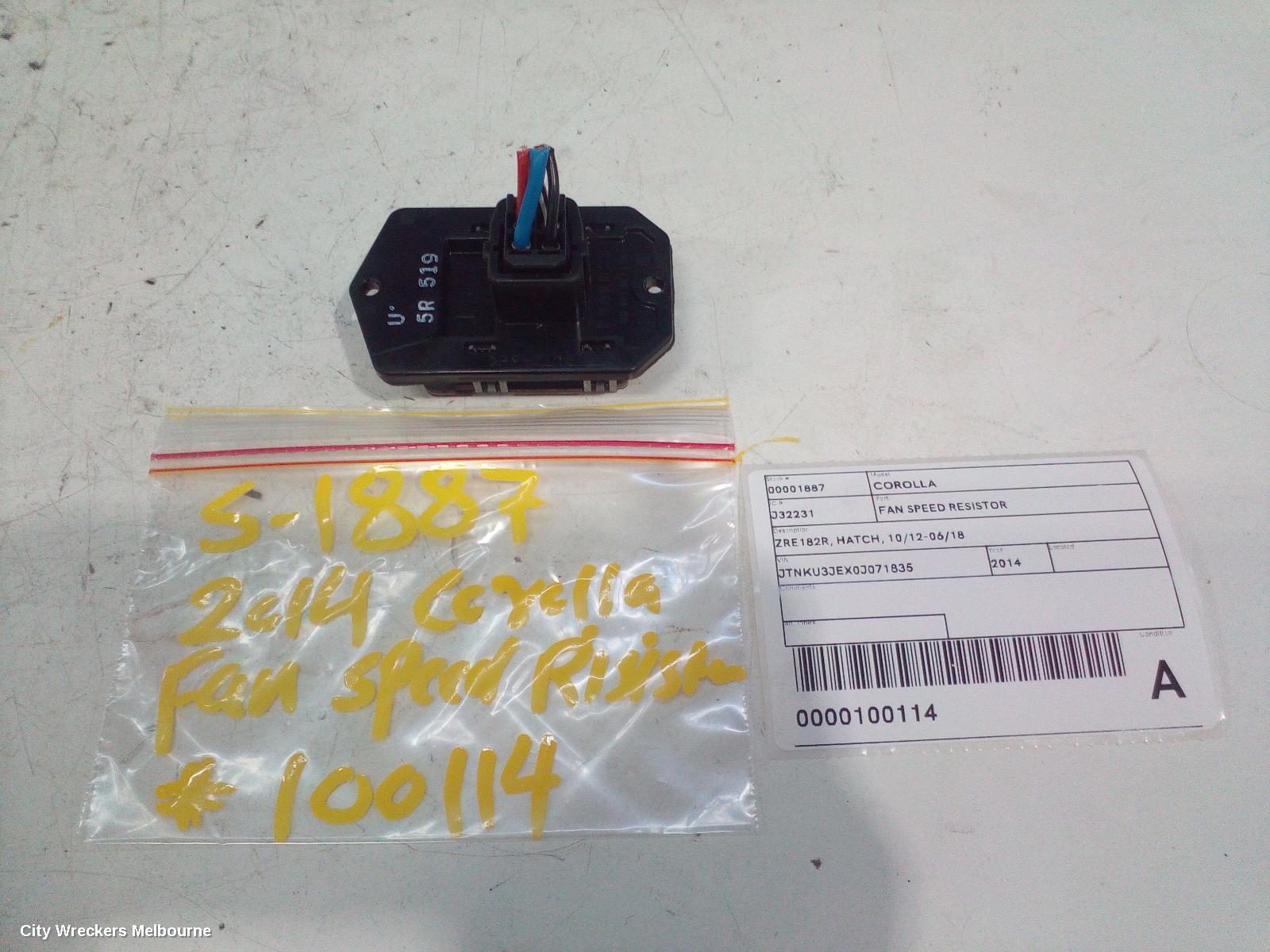 TOYOTA COROLLA FAN SPEED RESISTOR, ZRE182R, HATCH, 10/2012 - 06/2018