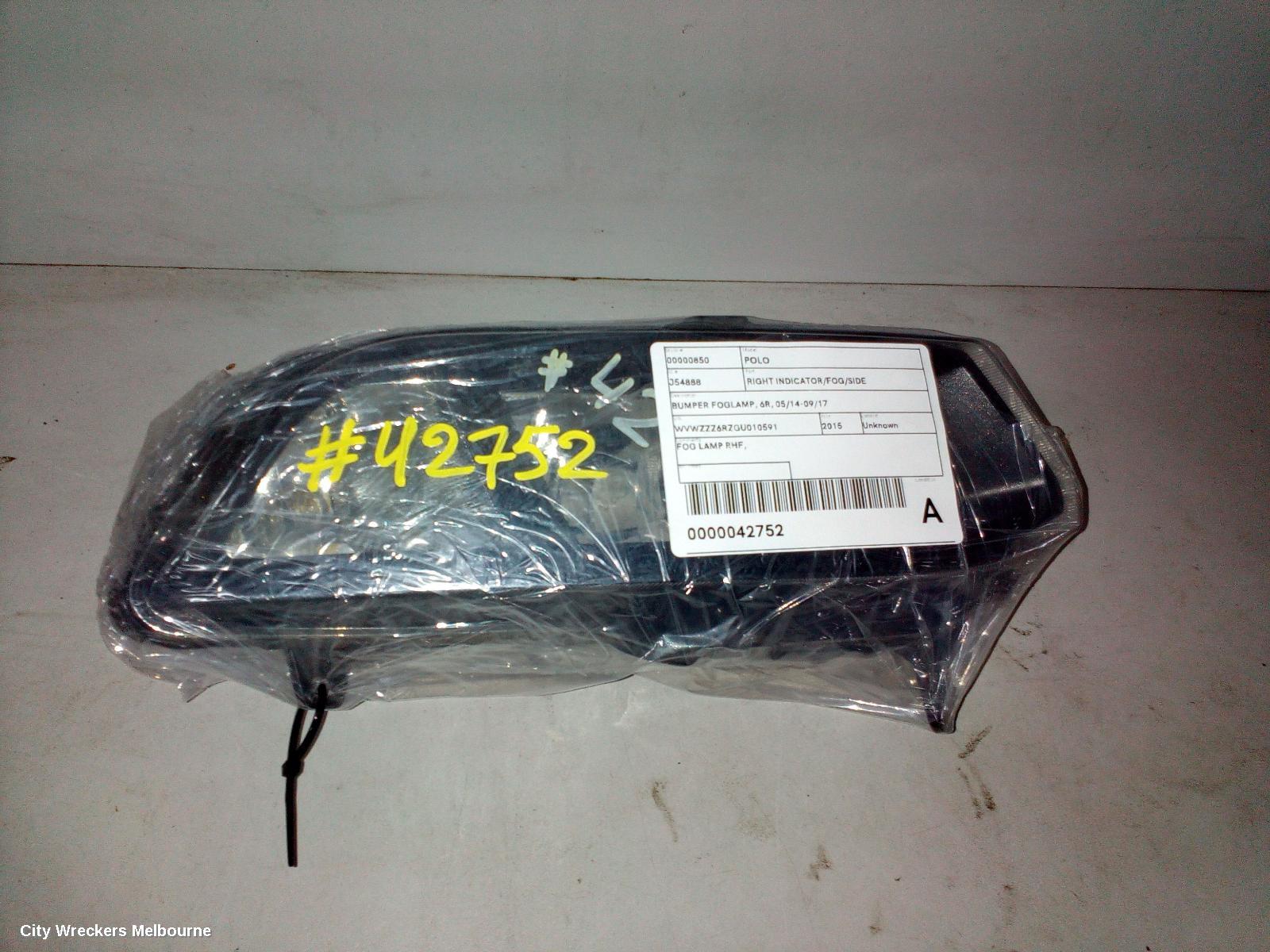 VOLKSWAGEN POLO RIGHT INDICATOR/FOG/SIDE, BUMPER FOGLAMP, NON DAYTIME RUNNING LAMP, 6R, 05/2014 - 09/2017