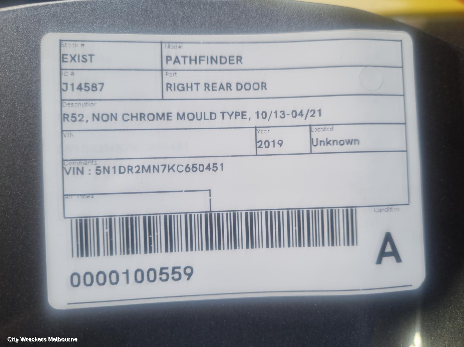 NISSAN PATHFINDER RIGHT REAR DOOR, R52, NON CHROME MOULD TYPE, 06/2013 - 04/2021
