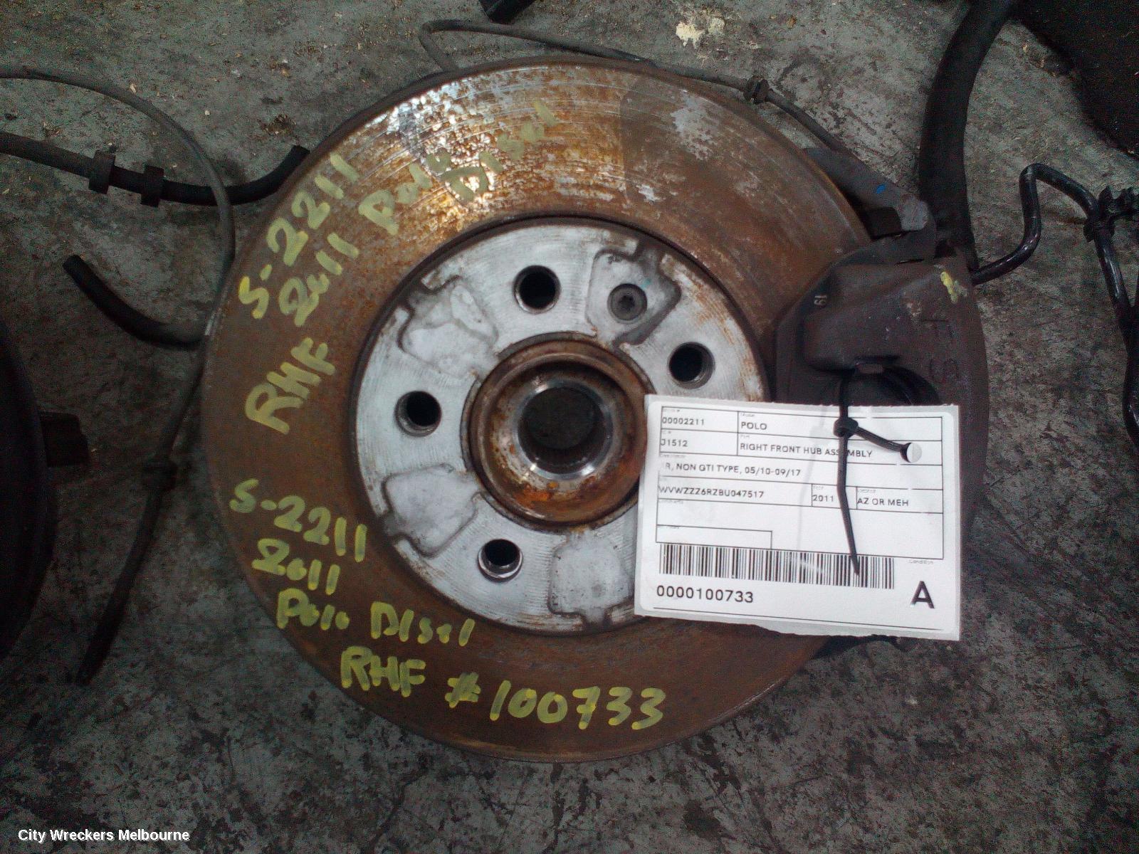 VOLKSWAGEN POLO RIGHT FRONT HUB ASSEMBLY, 6R, NON GTI TYPE, 05/2010 - 09/2017