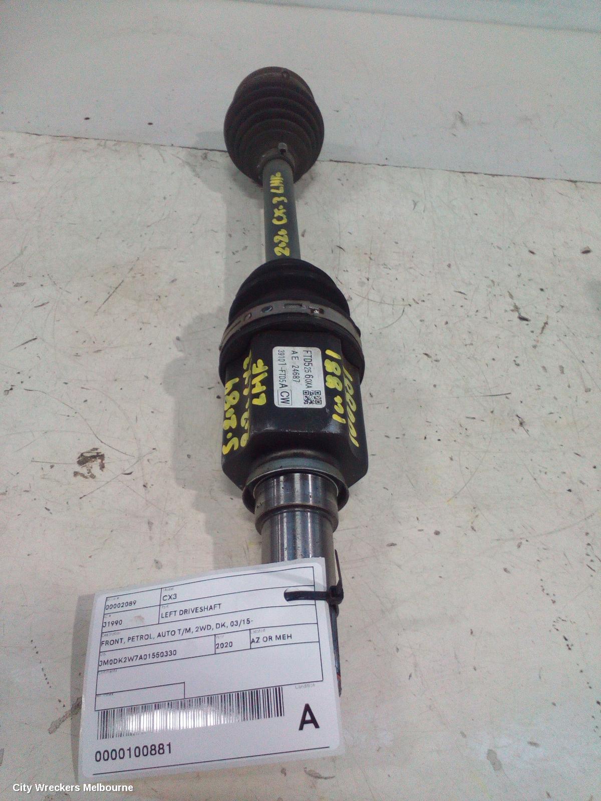 MAZDA CX3 LEFT DRIVESHAFT, FRONT, PETROL, AUTO T/M, 2WD, DK, 03/2015 ONWARDS