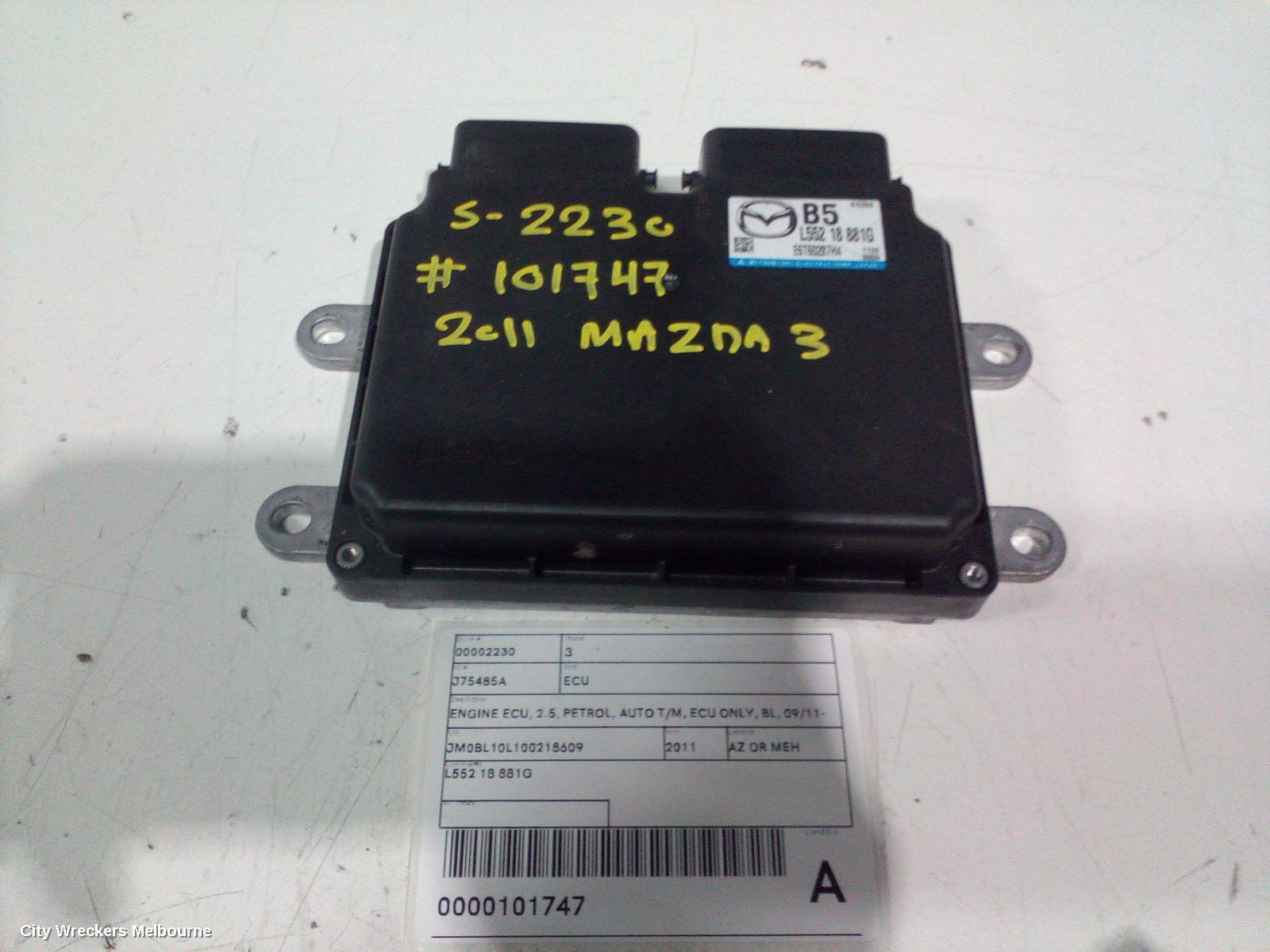 MAZDA 3 ECU, ENGINE ECU, 2.5, PETROL, AUTO T/M, ECU ONLY, BL, 04/2009 - 08/2011