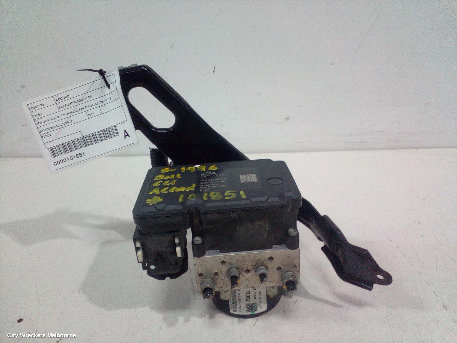 HONDA ACCORD ABS PUMP/MODULATOR, 8TH GEN, EURO (VIN JHMCU), P/N TL3Q2, 06/2008 - 12/2015