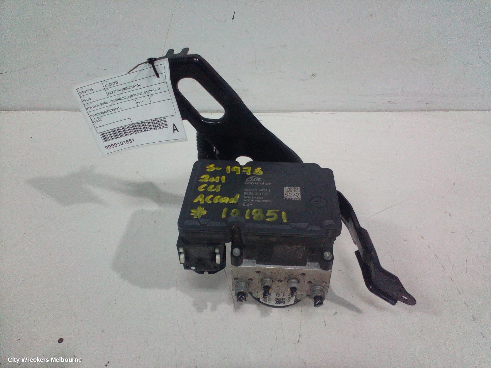 HONDA ACCORD ABS PUMP/MODULATOR, 8TH GEN, EURO (VIN JHMCU), P/N TL3Q2, 06/2008 - 12/2015