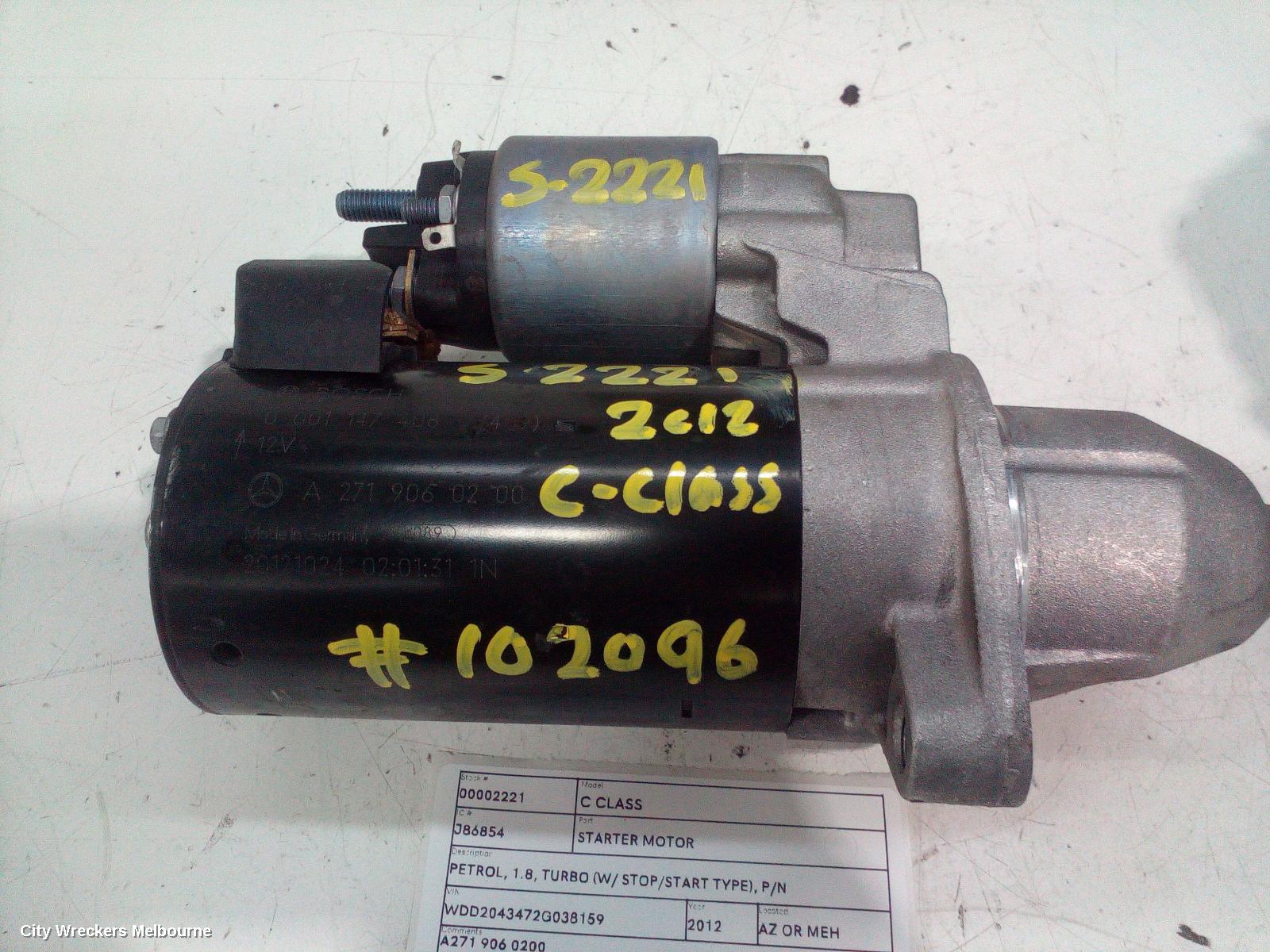 MERCEDES C CLASS STARTER, PETROL, 1.8, TURBO (W/ STOP/START TYPE), P/N A2719060200, W204/C204, 01/2010 - 01/2015