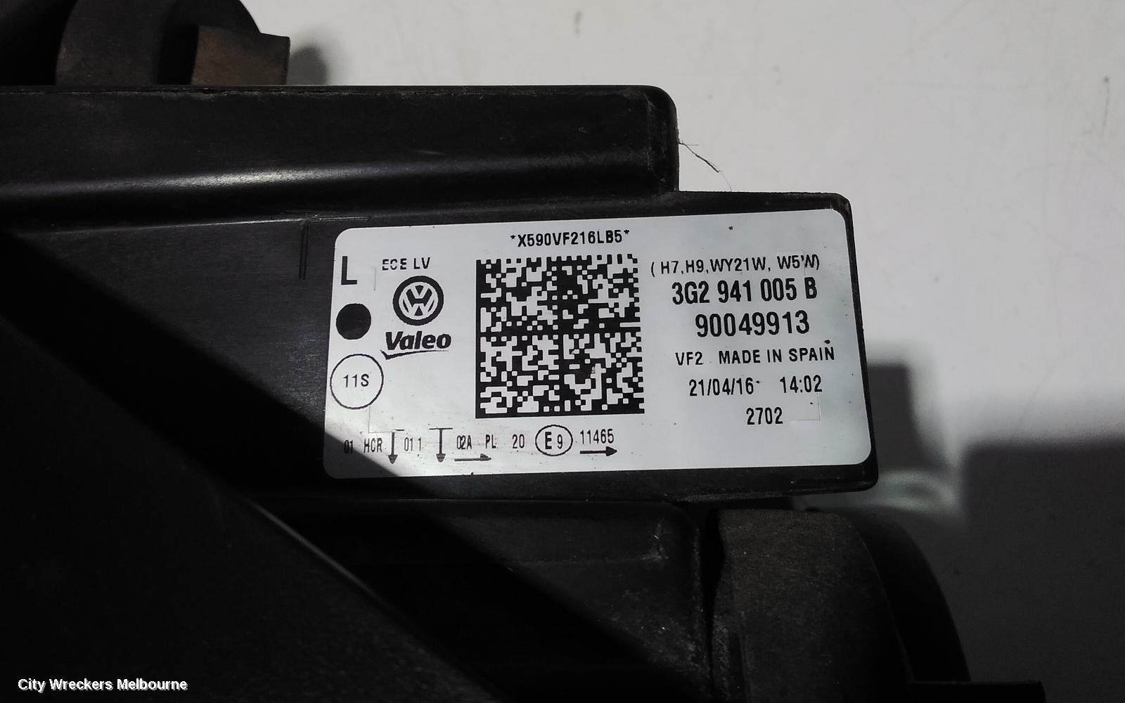 VOLKSWAGEN PASSAT LEFT HEADLAMP, B8/MK7, HALOGEN TYPE, 06/2015 - 10/2019