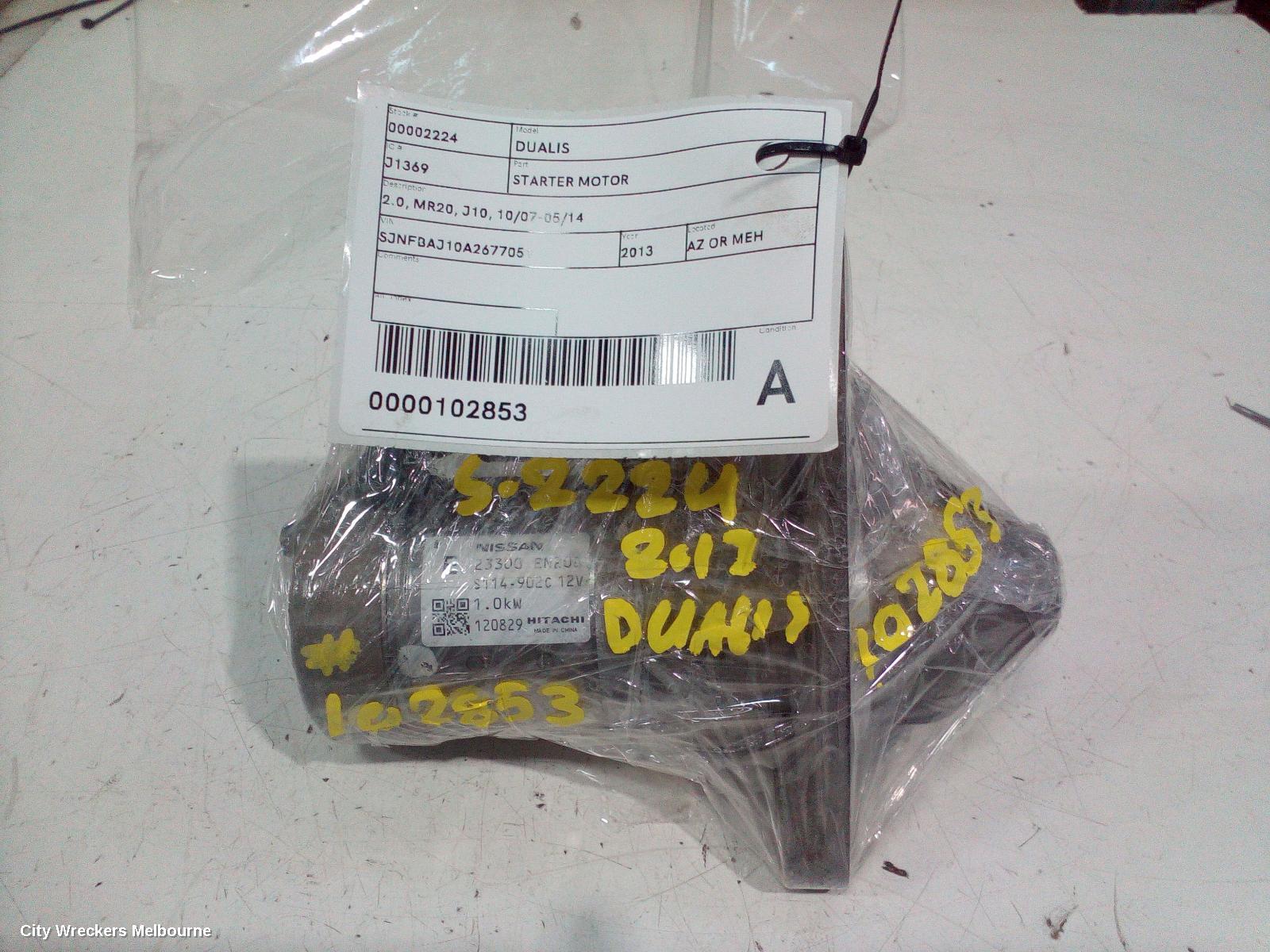 NISSAN DUALIS STARTER, 2.0, MR20, J10, 10/2007 - 05/2014