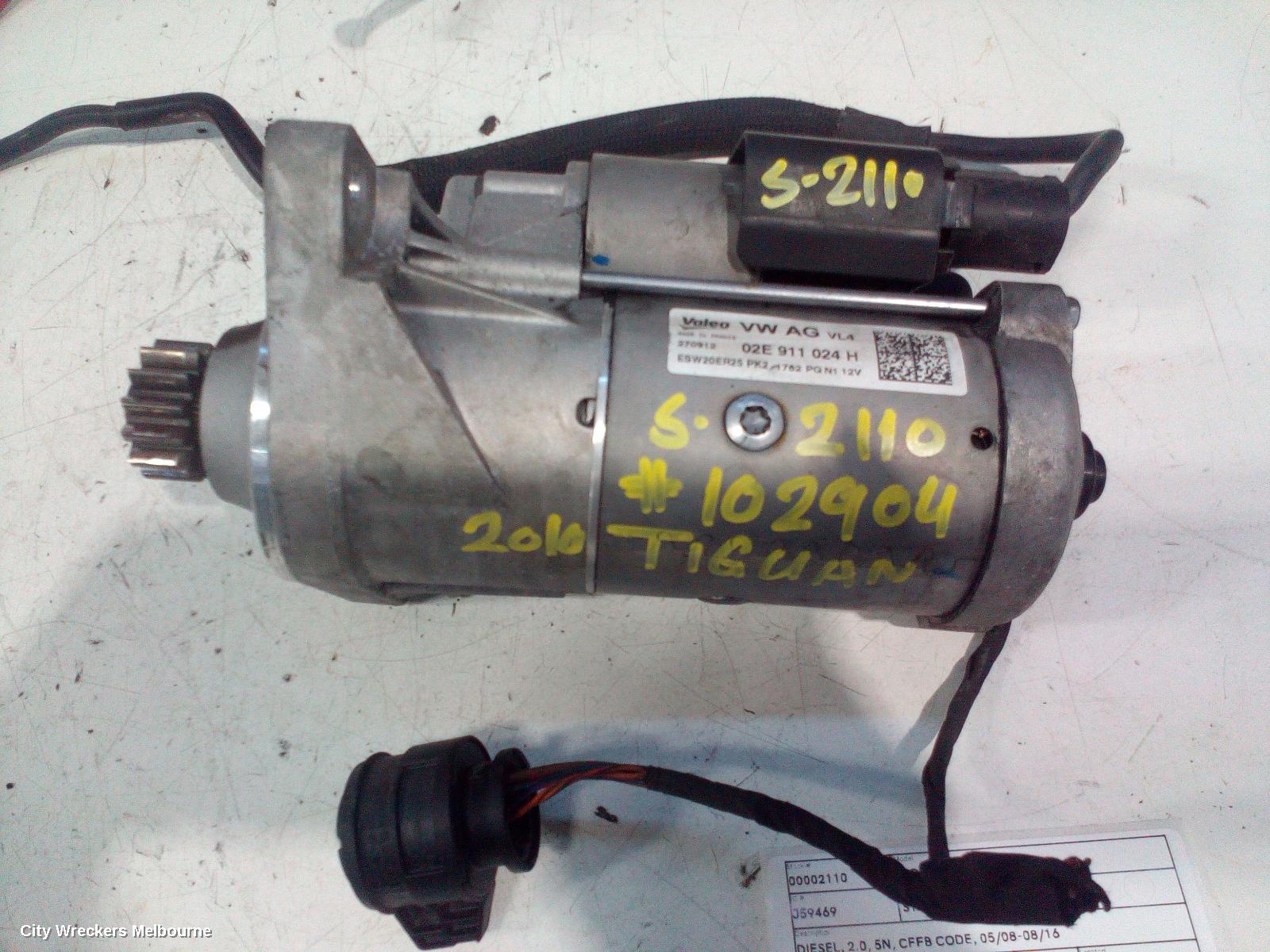 VOLKSWAGEN TIGUAN STARTER, DIESEL, 2.0, 5N, CFFB CODE, 05/2008 - 08/2016