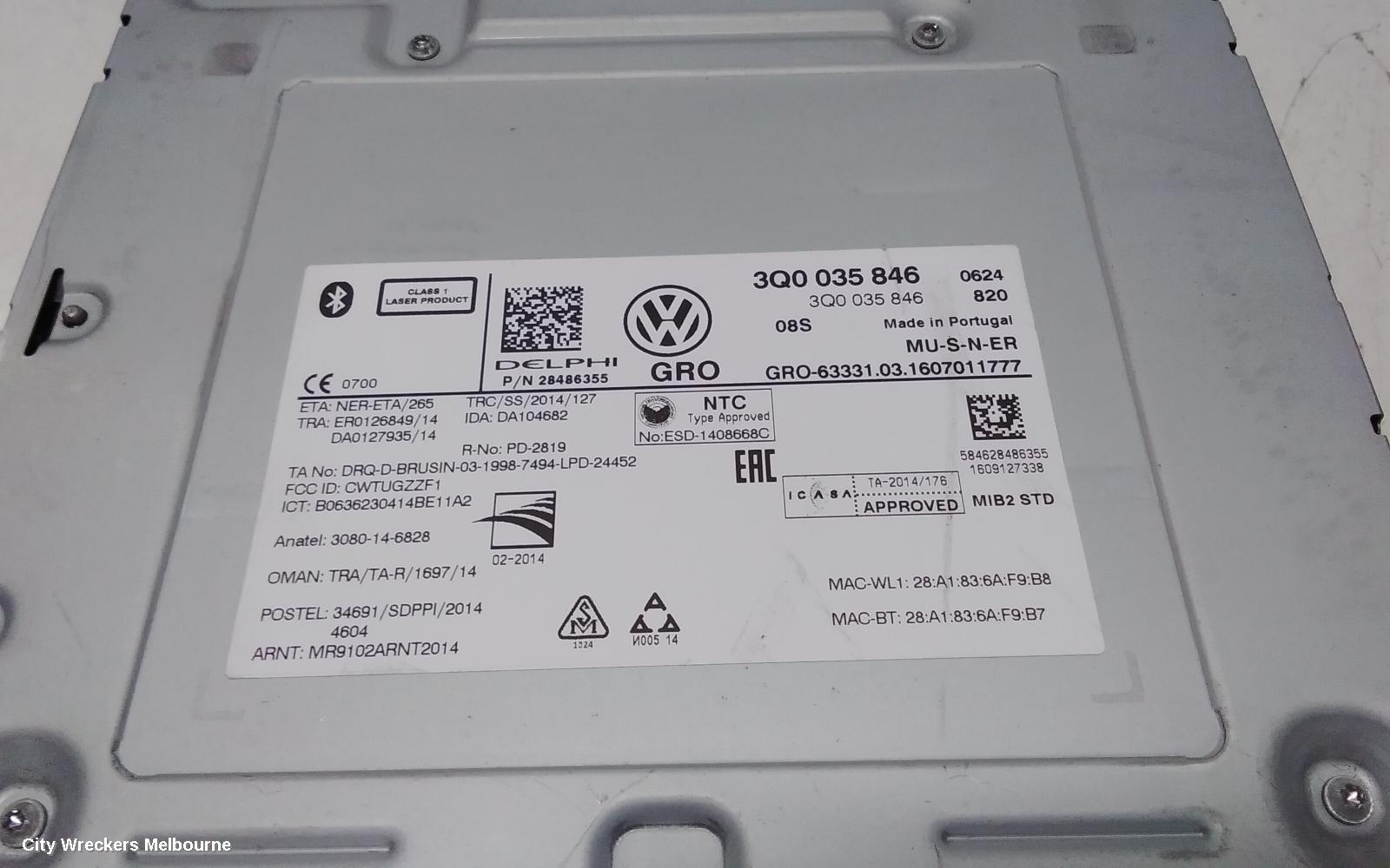 VOLKSWAGEN PASSAT RADIO/CD/DVD/SAT/TV, DISPLAY UNIT, 6.5IN, DISCOVER MEDIA AUDIO, SAT NAV TYPE, B8/MK7, 06/2015 - 10/2019