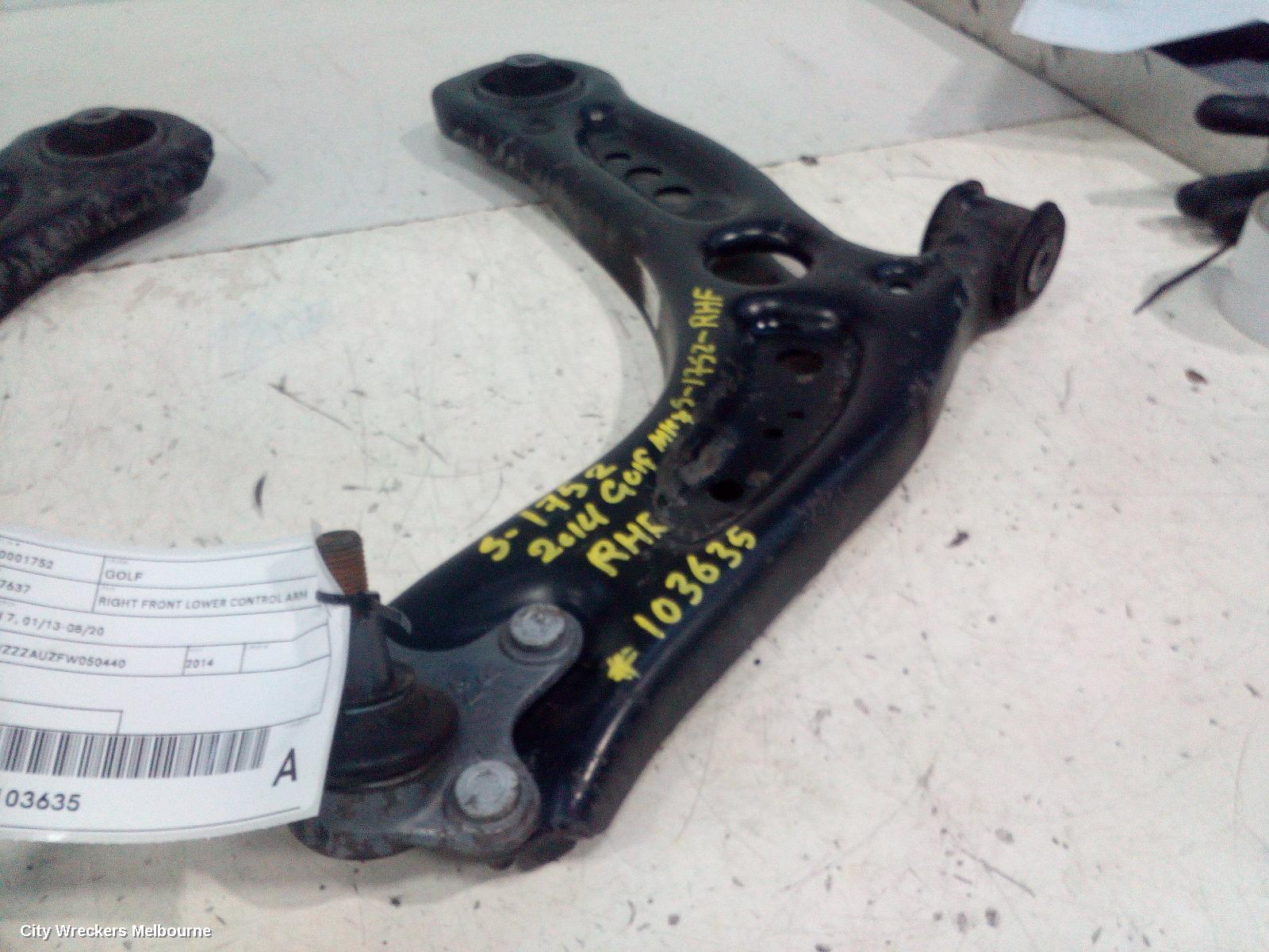 VOLKSWAGEN GOLF RIGHT FRONT LOWER CONTROL ARM, GEN 7, 12/2012 - 08/2020
