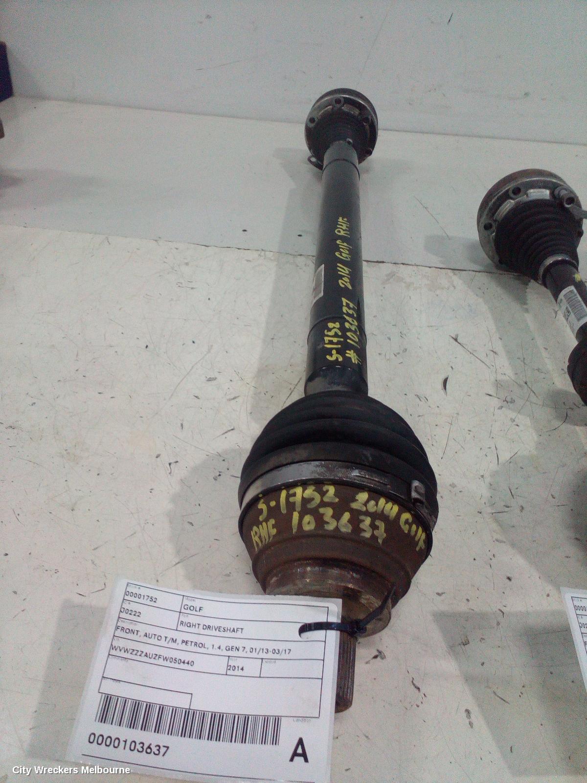 VOLKSWAGEN GOLF RIGHT DRIVESHAFT, FRONT, AUTO T/M, PETROL, 1.4, GEN 7, 01/2013 - 03/2017