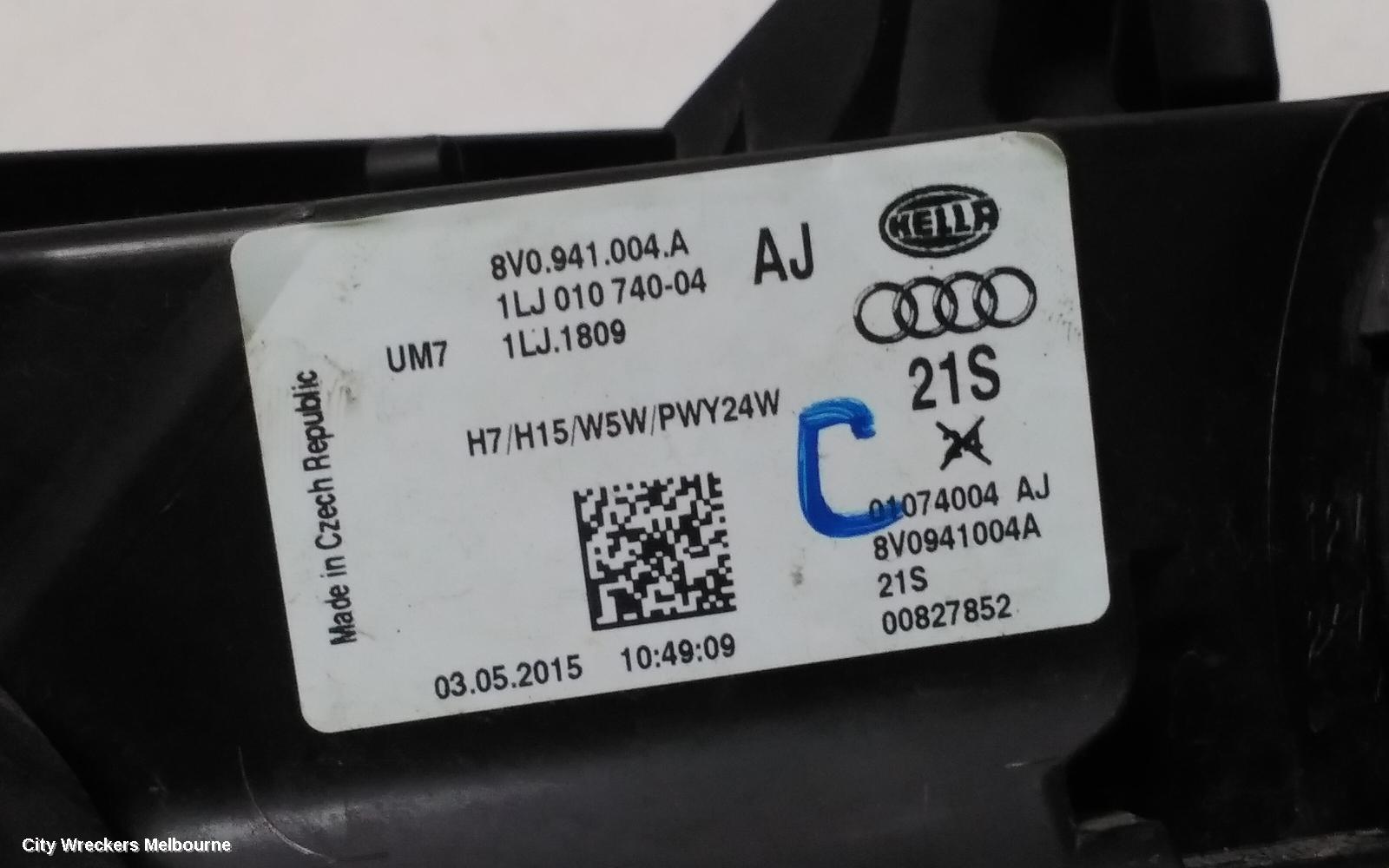 AUDI A3 RIGHT HEADLAMP, 8V, HATCH/SEDAN/CABRIO, HALOGEN TYPE, 03/2013 - 08/2016