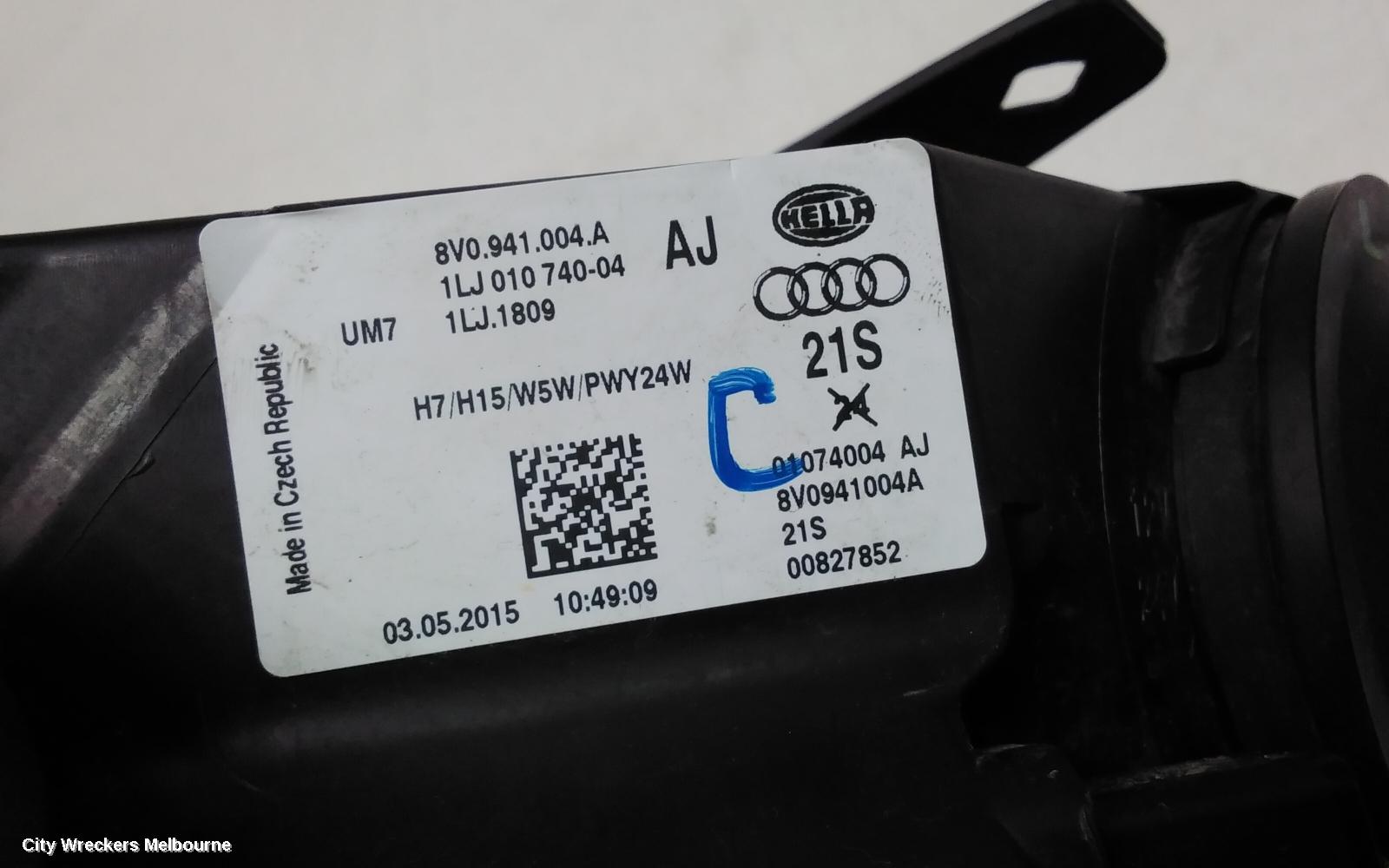 AUDI A3 RIGHT HEADLAMP, 8V, HATCH/SEDAN/CABRIO, HALOGEN TYPE, 03/2013 - 08/2016