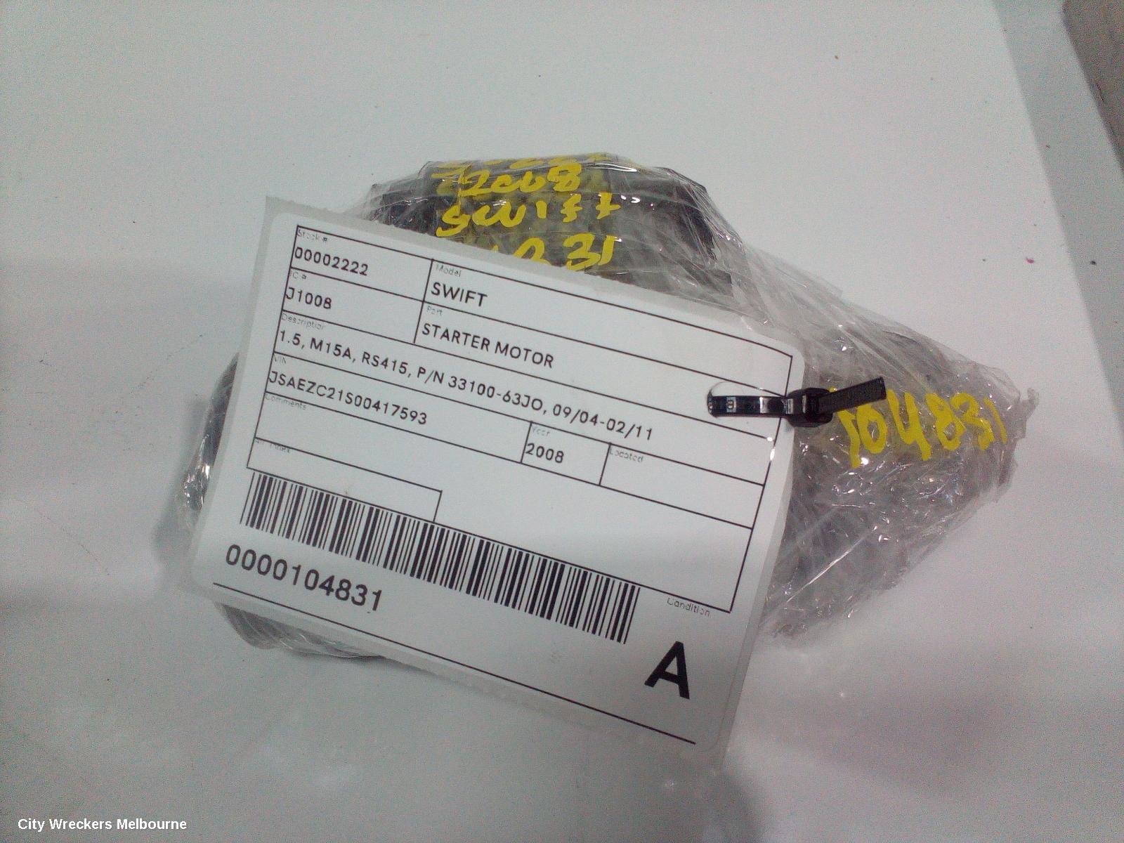 SUZUKI SWIFT STARTER, 1.5, M15A, RS415, P/N 33100-63JO, 09/2004 - 02/2011