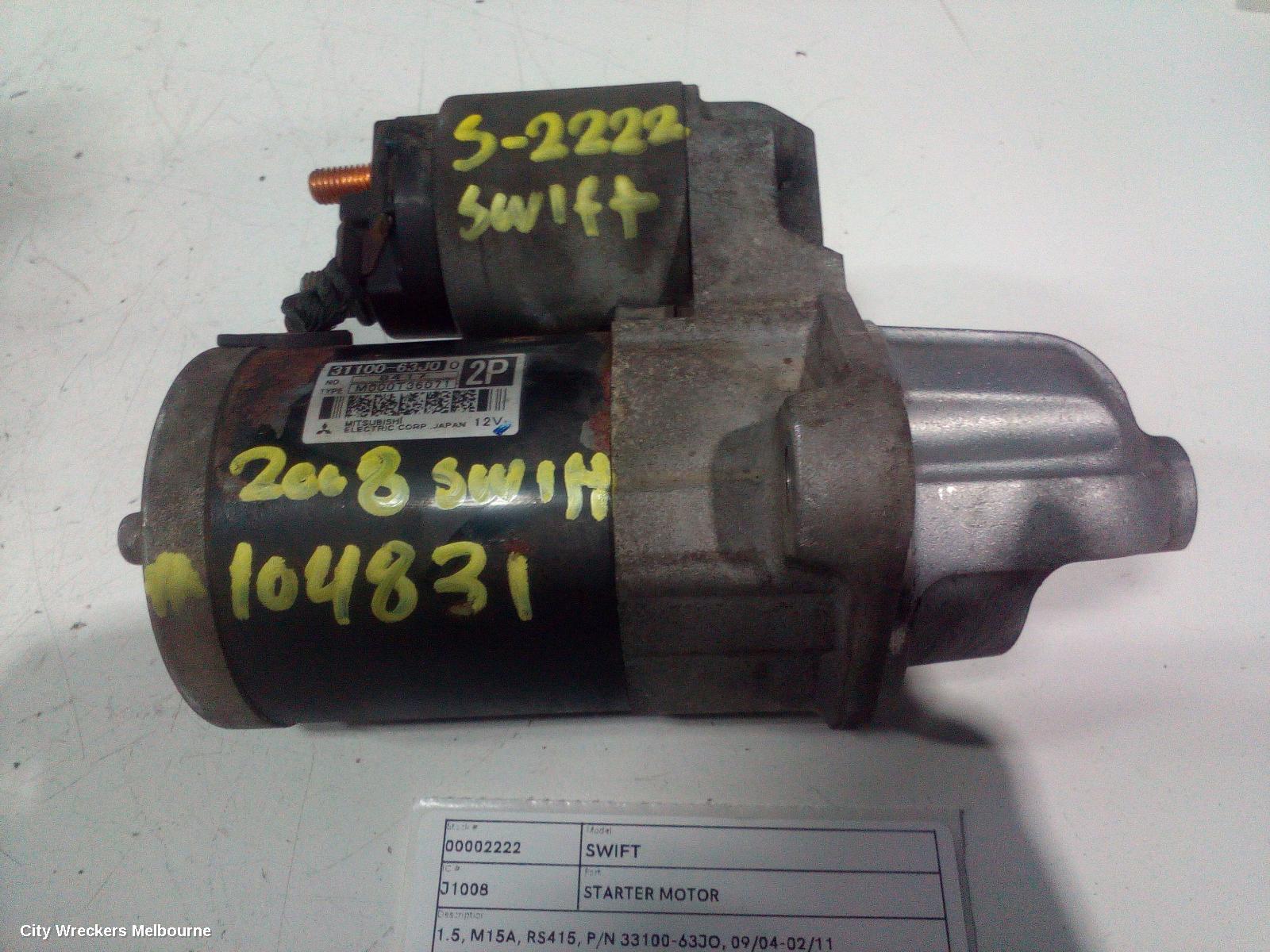 SUZUKI SWIFT STARTER, 1.5, M15A, RS415, P/N 33100-63JO, 09/2004 - 02/2011