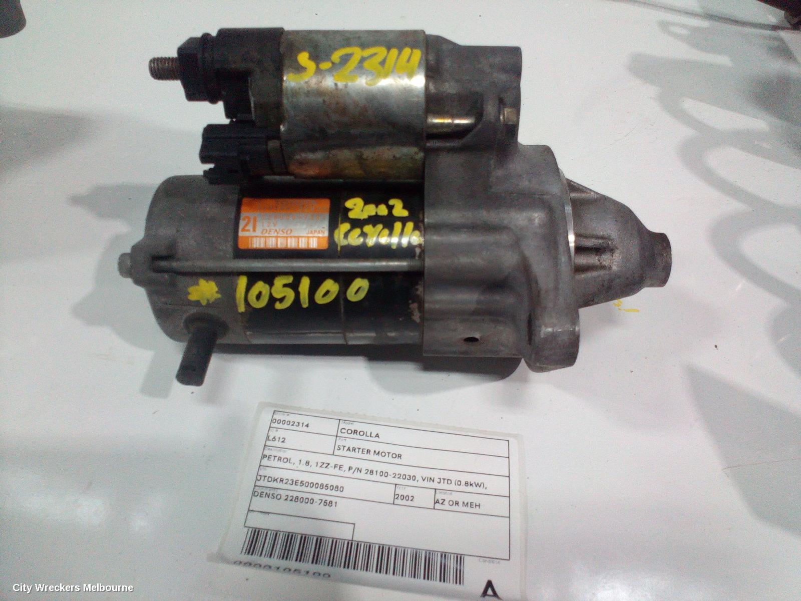TOYOTA COROLLA STARTER, PETROL, 1.8, 1ZZ-FE, P/N 28100-22030, VIN JTD (0.8KW), JAPAN BUILT, ZZE122, 12/2001 - 04/2007