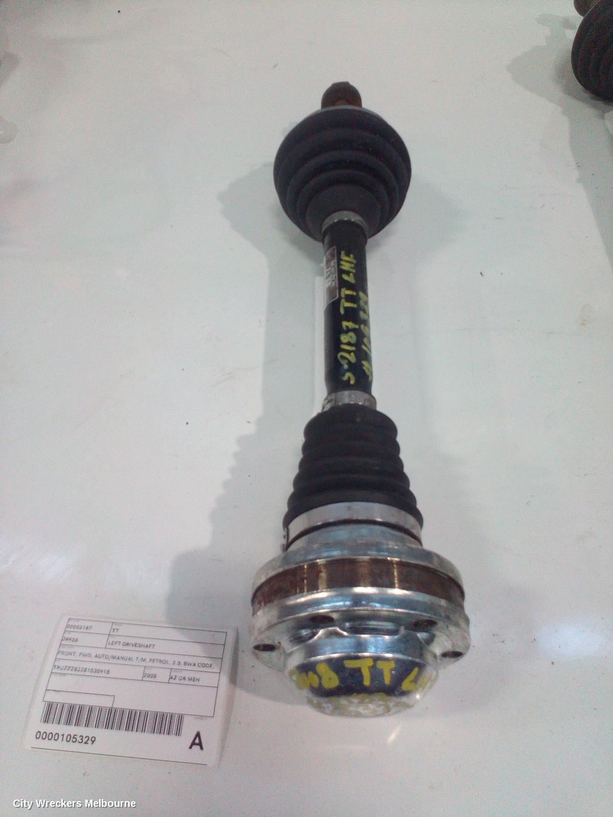 AUDI TT LEFT DRIVESHAFT, FRONT, FWD, AUTO/MANUAL T/M, PETROL, 2.0, BWA CODE, 8J, 09/2006 - 08/2010