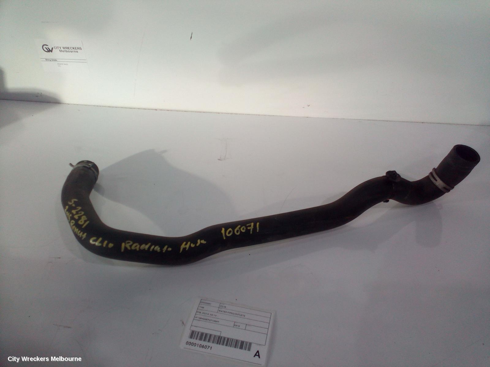 RENAULT CLIO WATER PIPES/OUTLETS, X98, 09/2013 - 10/2019