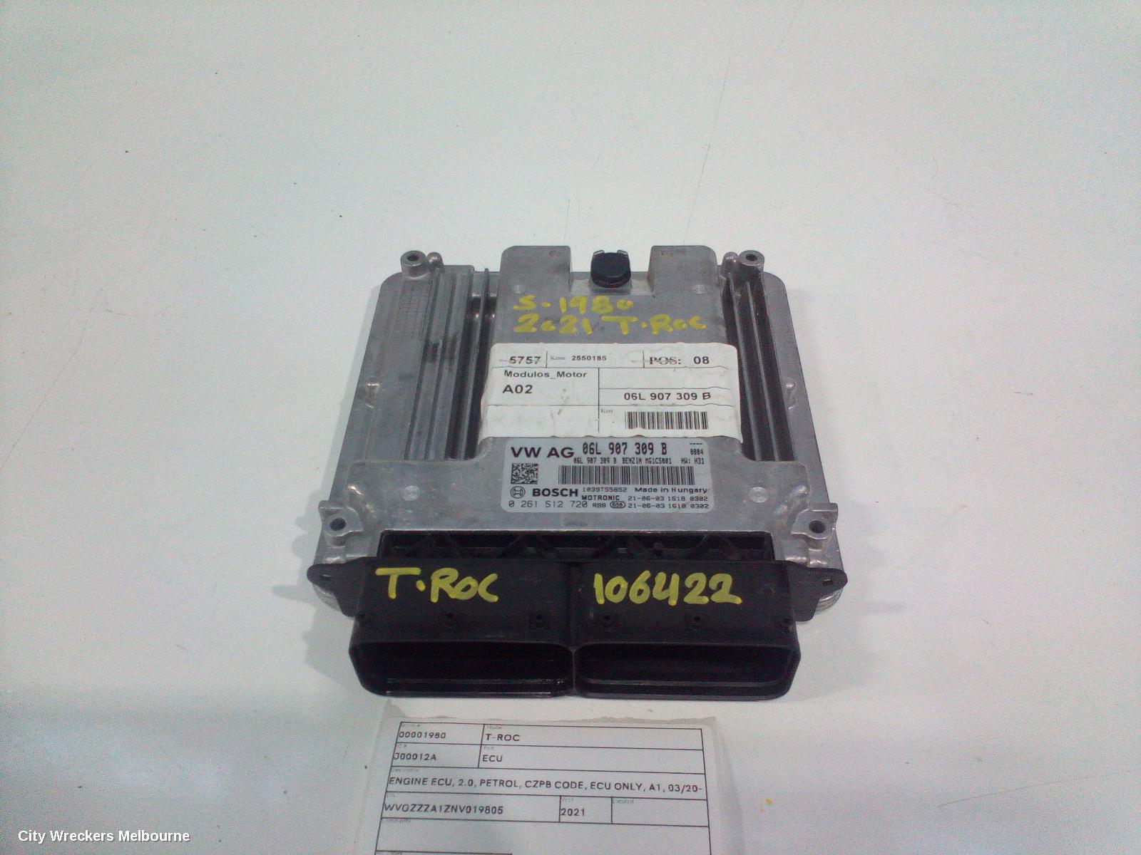 VOLKSWAGEN T-ROC ECU, ENGINE ECU, 2.0, PETROL, CZPB CODE, ECU ONLY, A1, 03/2020 ONWARDS