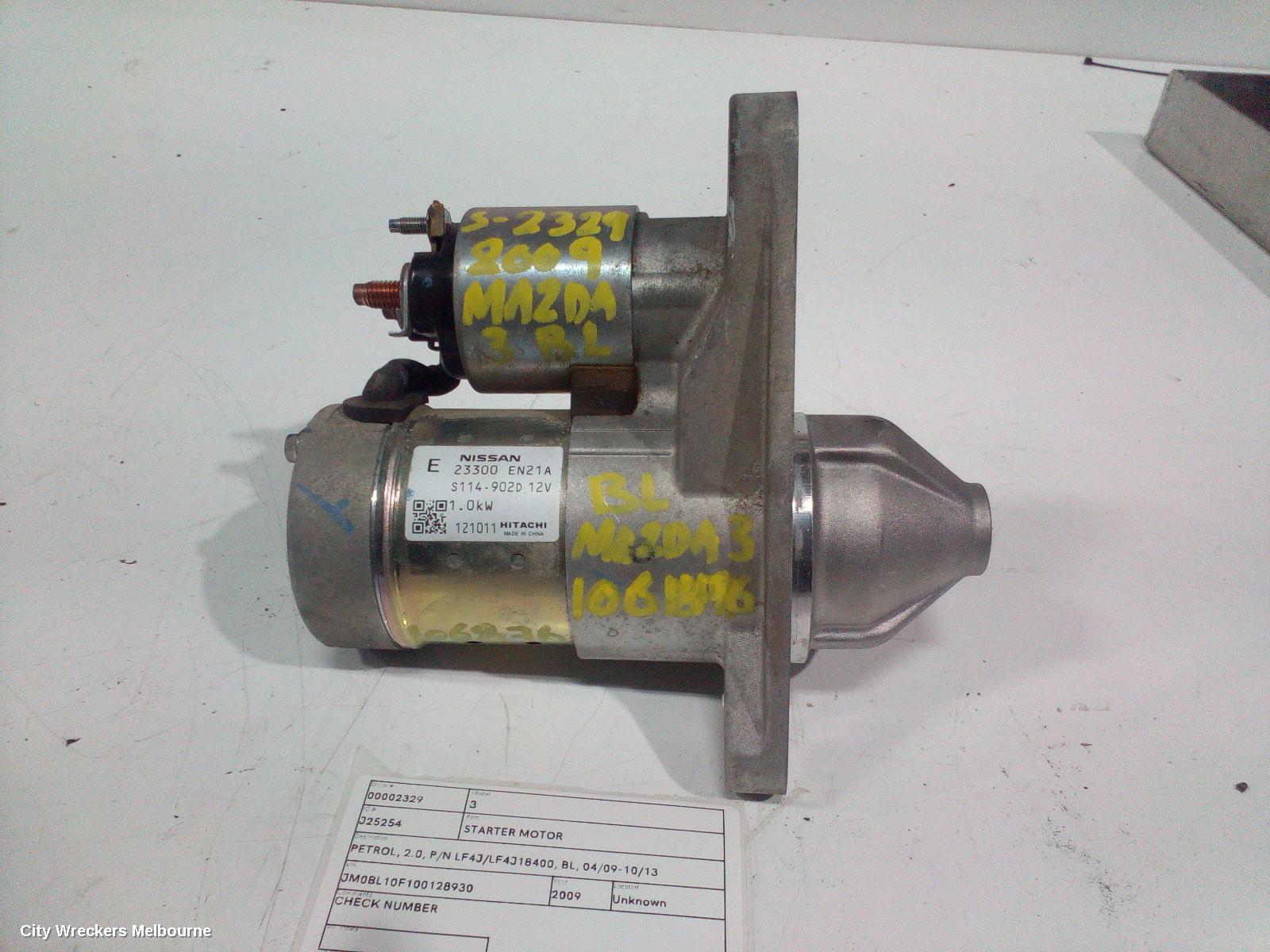 MAZDA 3 STARTER, PETROL, 2.0, P/N LF8J/M000T33271, BL, 04/2009 - 10/2013