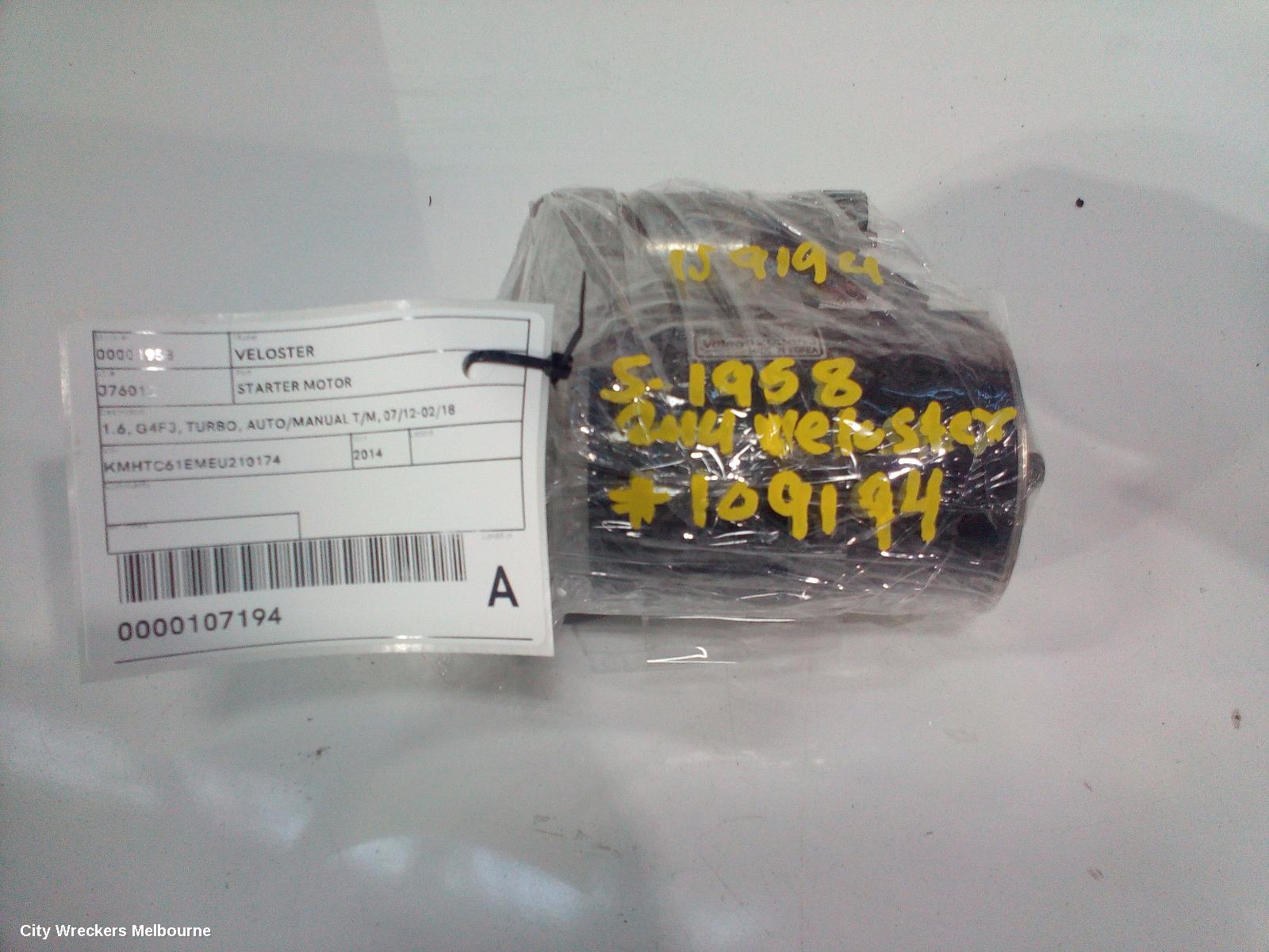 HYUNDAI VELOSTER STARTER, 1.6, G4FJ, TURBO, AUTO/MANUAL T/M, 07/2012 - 02/2018
