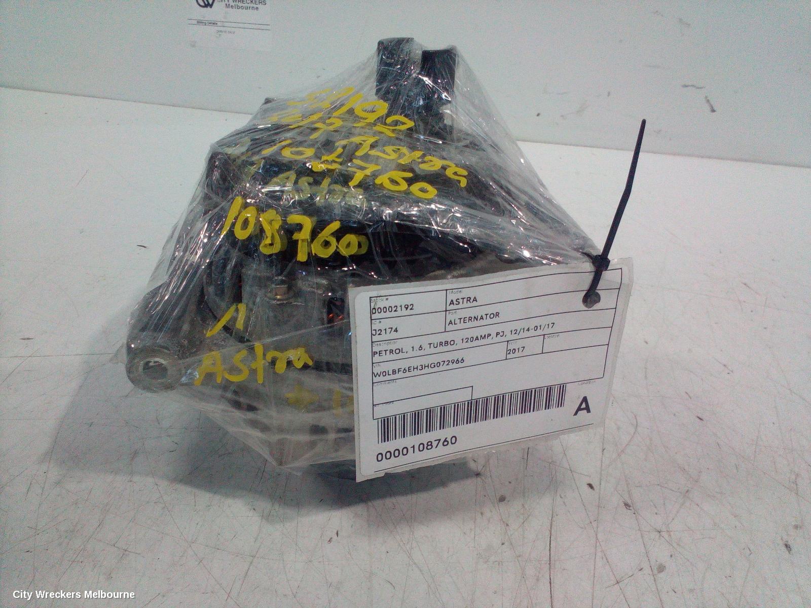 HOLDEN ASTRA ALTERNATOR, PETROL, 1.6, TURBO, 120AMP, PJ, 12/2014 - 01/2017